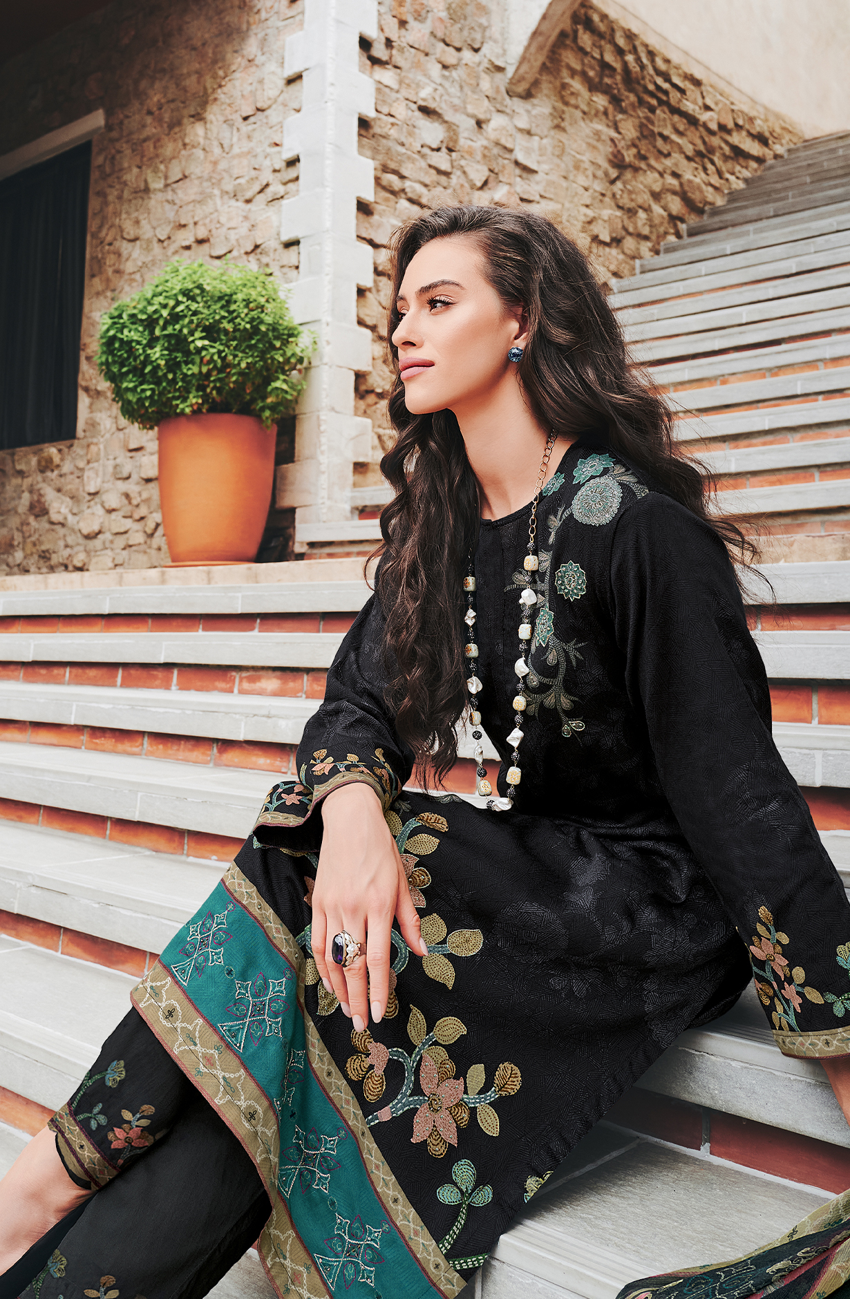 Black Cotton Beautiful Digital Printed Handwork Unstitched Suit with Chiffon Dupatta - LAL851