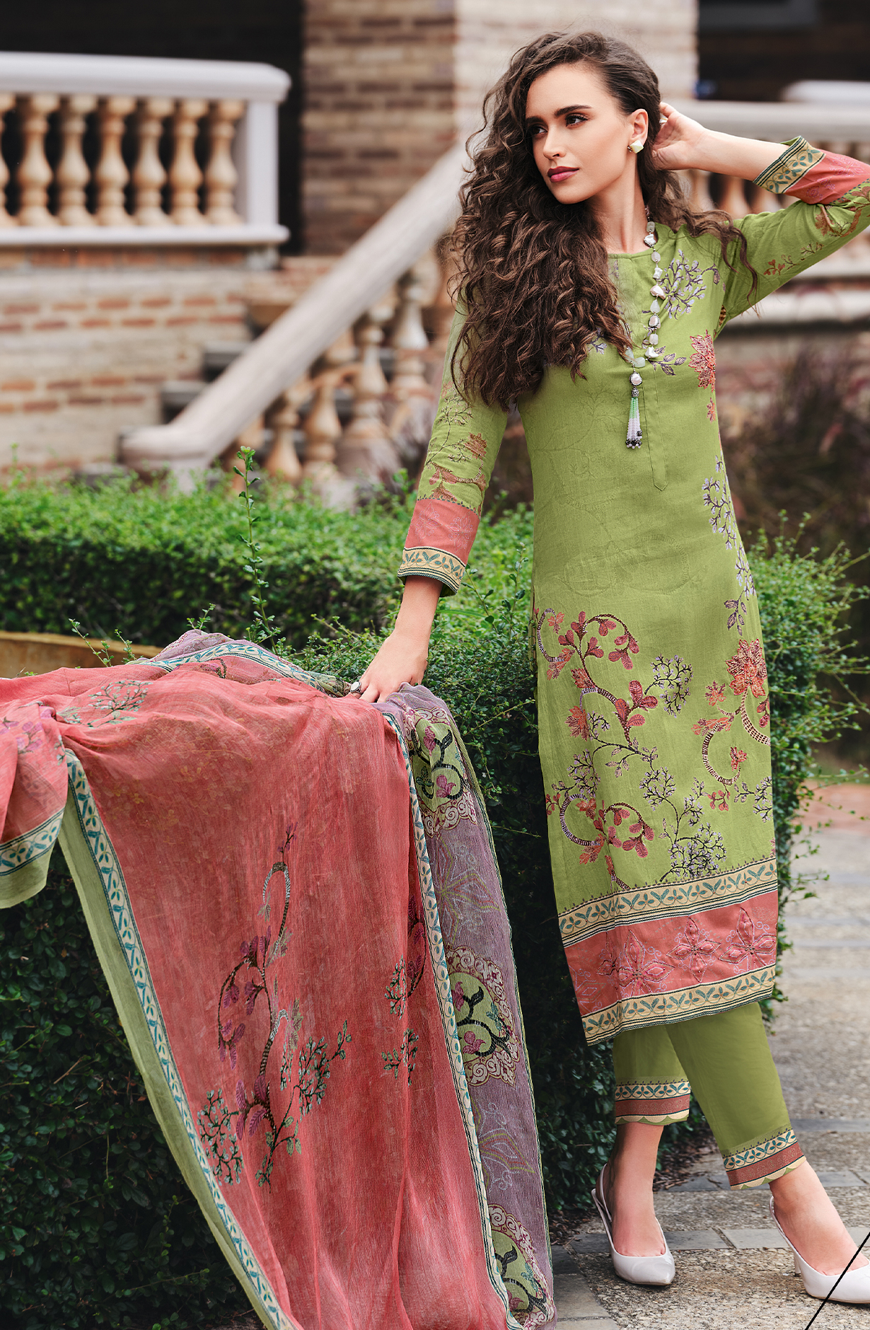 Parrot Green Cotton Beautiful Digital Printed Handwork Unstitched Suit with Chiffon Dupatta - LAL861