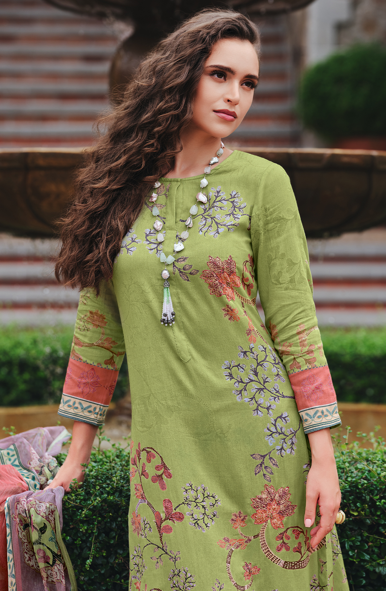 Parrot Green Cotton Beautiful Digital Printed Handwork Unstitched Suit with Chiffon Dupatta - LAL861