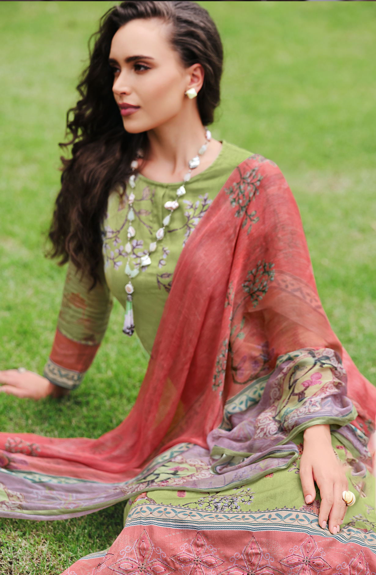 Parrot Green Cotton Beautiful Digital Printed Handwork Unstitched Suit with Chiffon Dupatta - LAL861