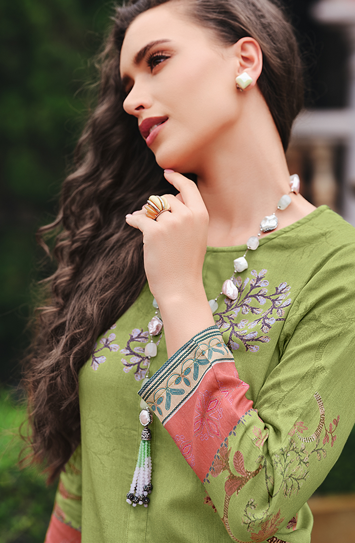 Parrot Green Cotton Beautiful Digital Printed Handwork Unstitched Suit with Chiffon Dupatta - LAL861