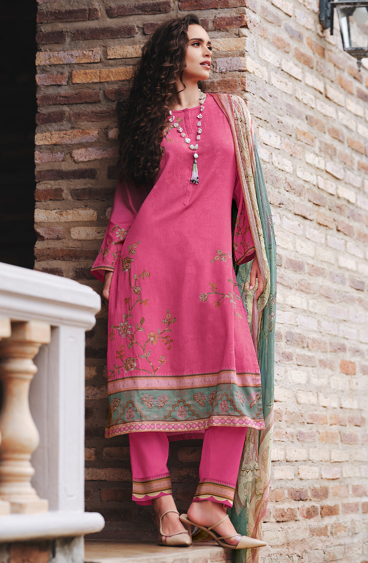 Magenta Cotton Beautiful Digital Printed Handwork Unstitched Suit with Chiffon Dupatta - LAL871