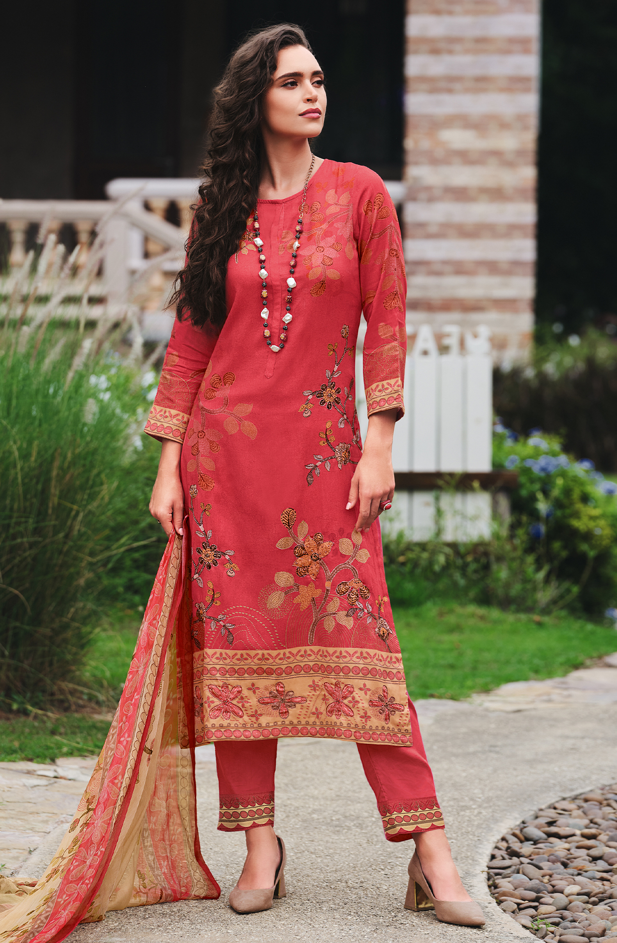 Pink Cotton Beautiful Digital Printed Handwork Unstitched Suit with Chiffon Dupatta - LAL881