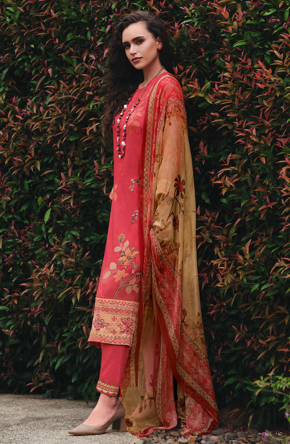 Pink Cotton Beautiful Digital Printed Handwork Unstitched Suit with Chiffon Dupatta - LAL881