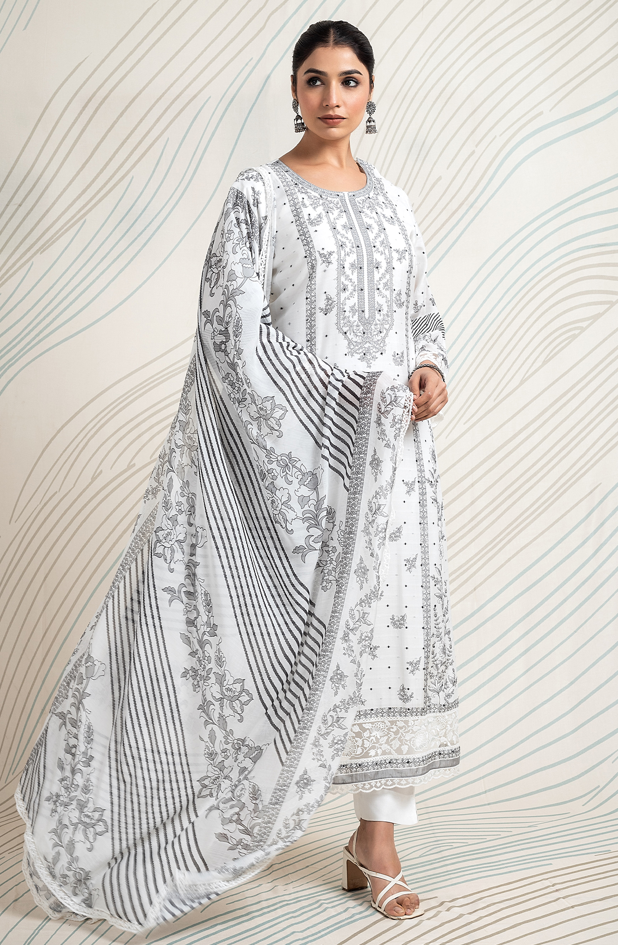 White and Black Pure Muslin Dobby Printed with Embroidery Salwar Kameez - LAM2165