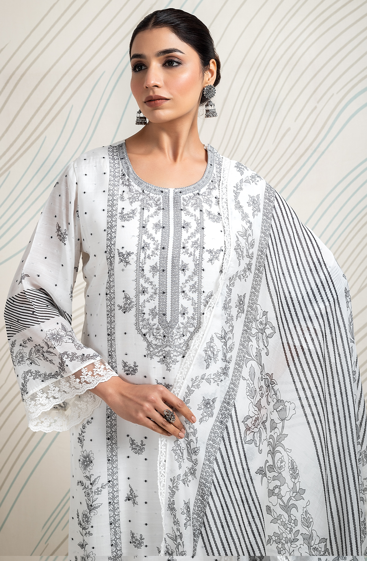 White and Black Pure Muslin Dobby Printed with Embroidery Salwar Kameez - LAM2165