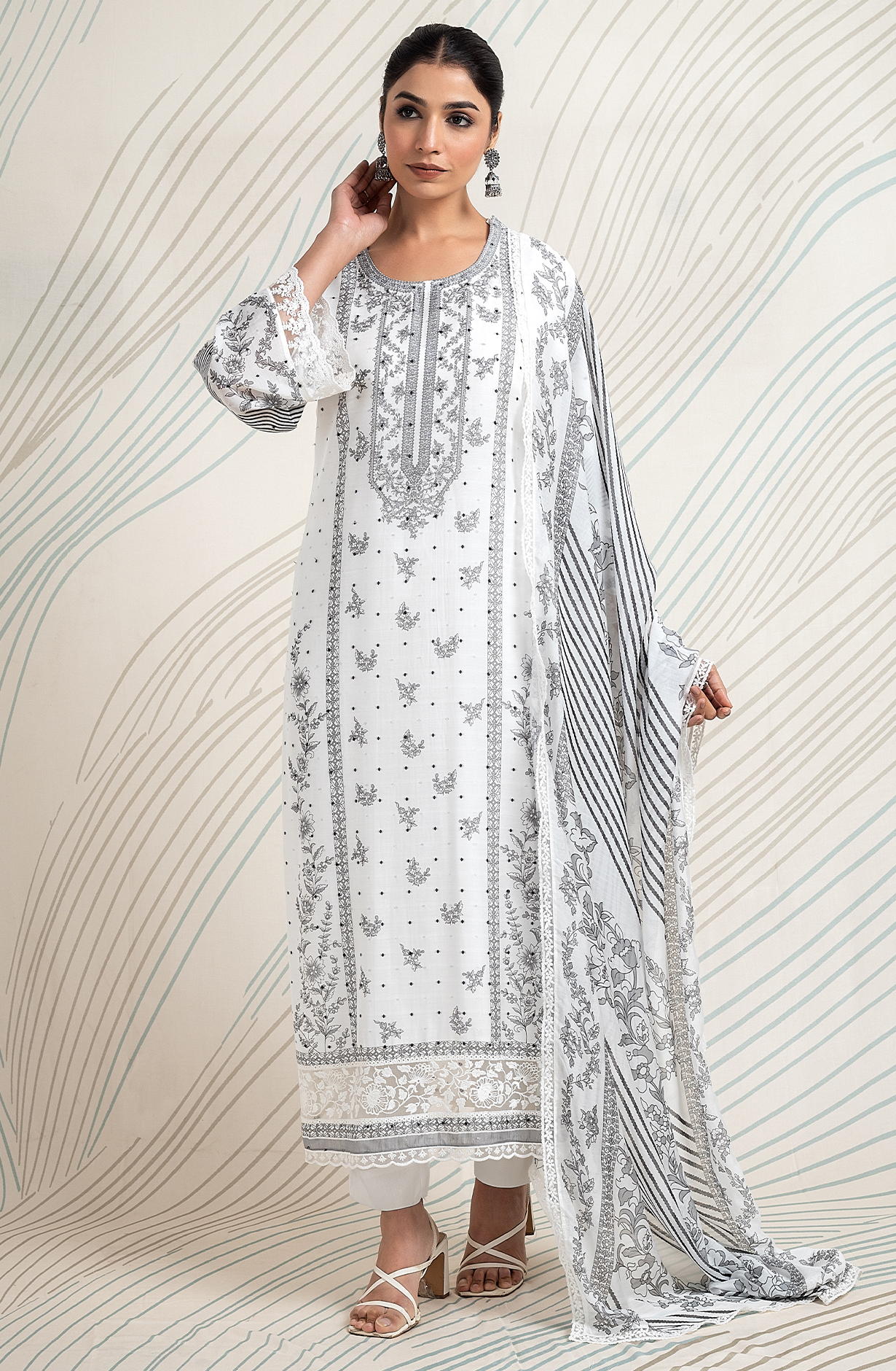 White and Black Pure Muslin Dobby Printed with Embroidery Salwar Kameez - LAM2165