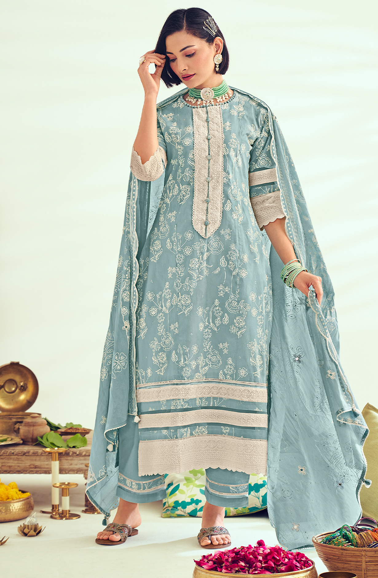 Pastel Blue Unstitched Block Printed Salwar Suit with Lace Work - LAM8842