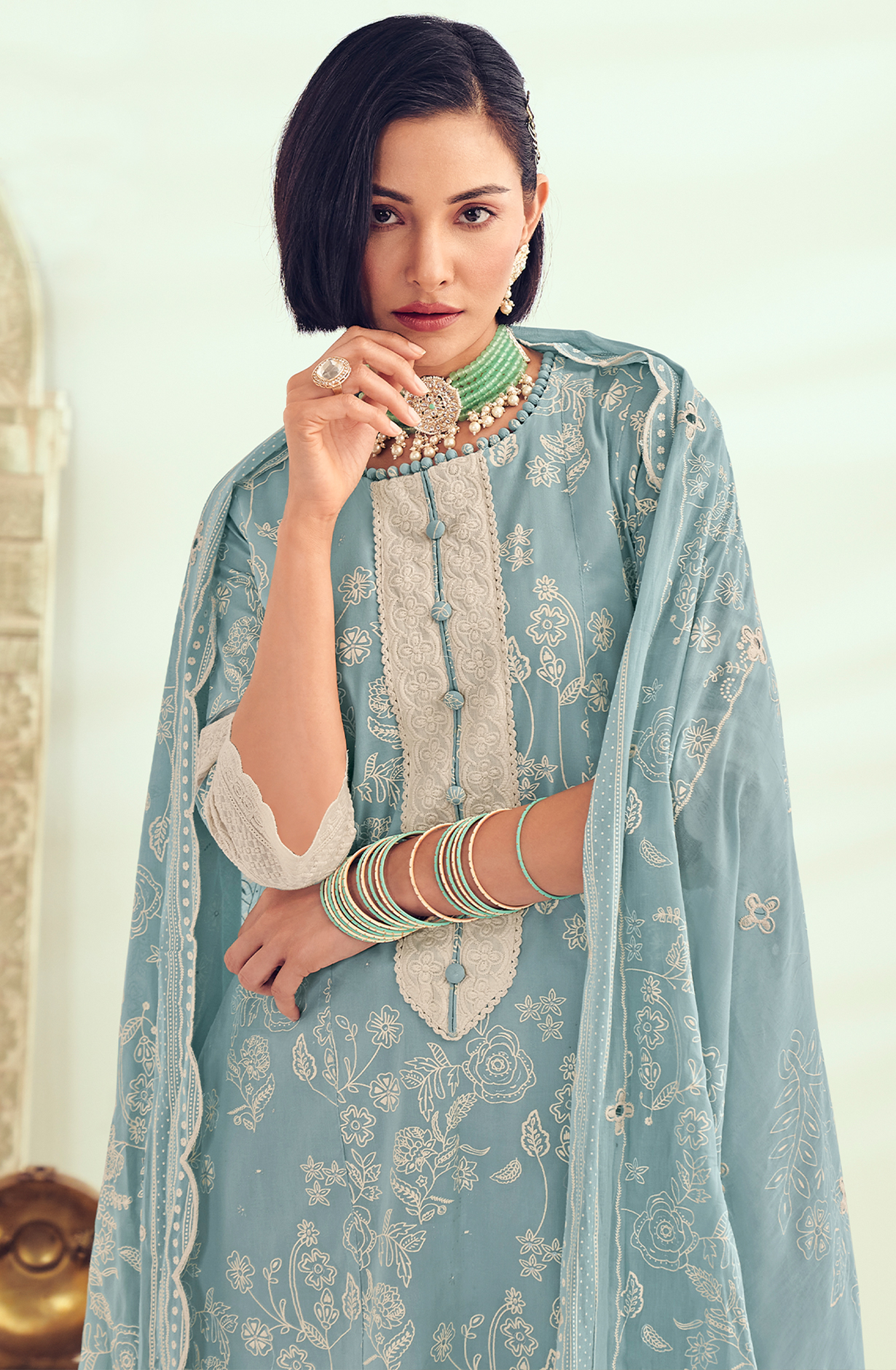 Pastel Blue Unstitched Block Printed Salwar Suit with Lace Work - LAM8842