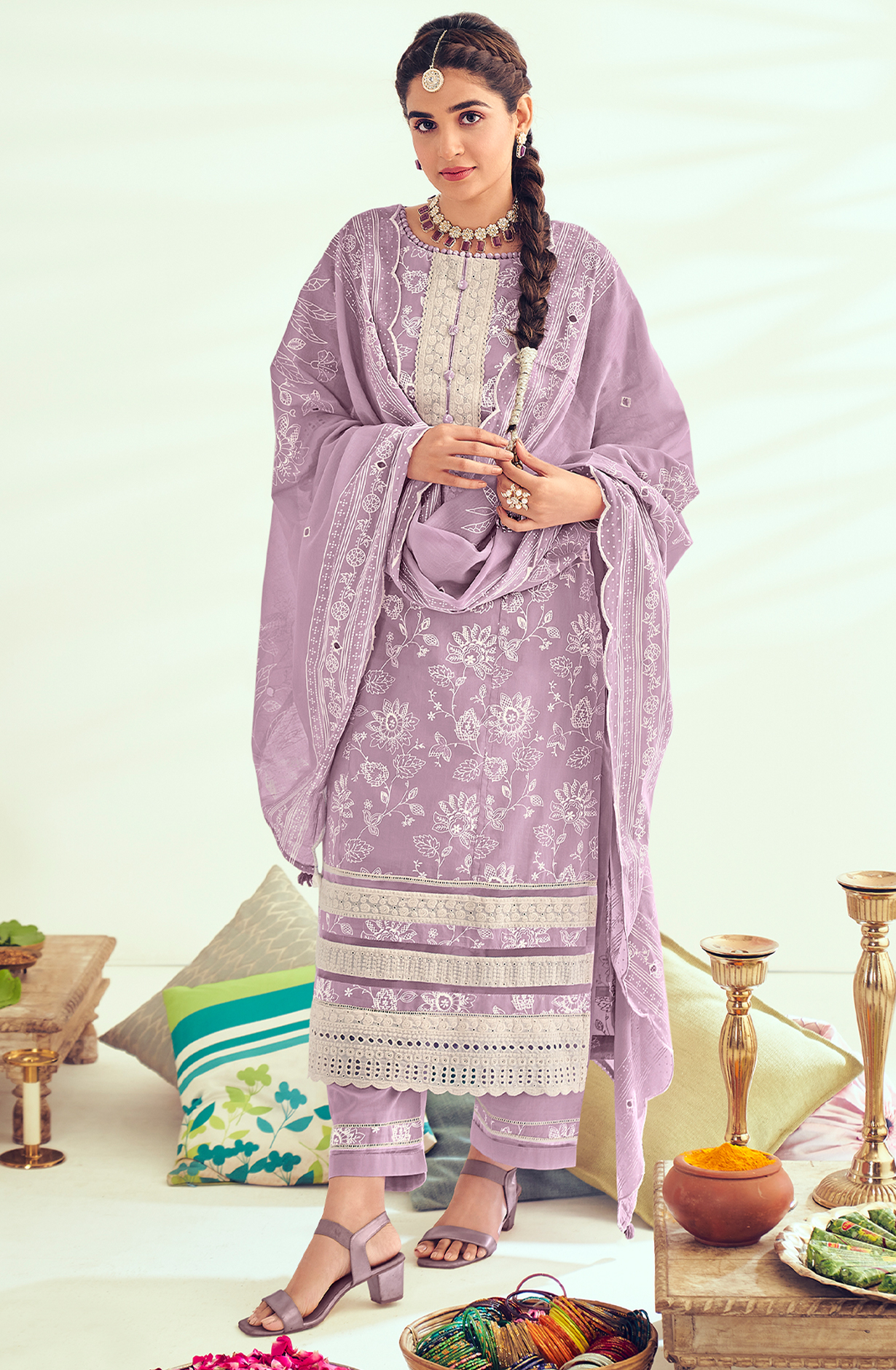 Purple Unstitched Block Printed Salwar Suit with Lace Work - LAM8843