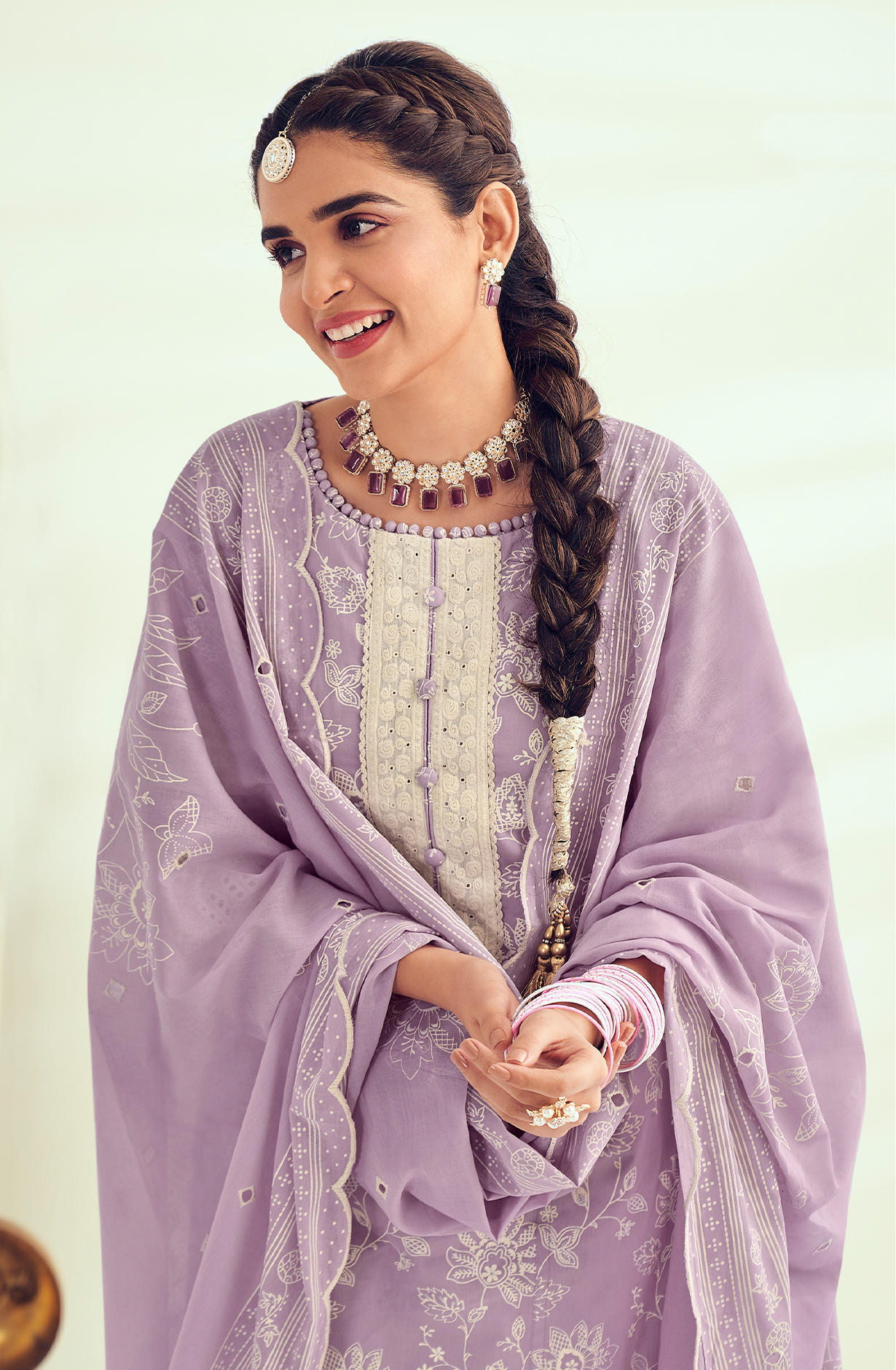 Purple Unstitched Block Printed Salwar Suit with Lace Work - LAM8843