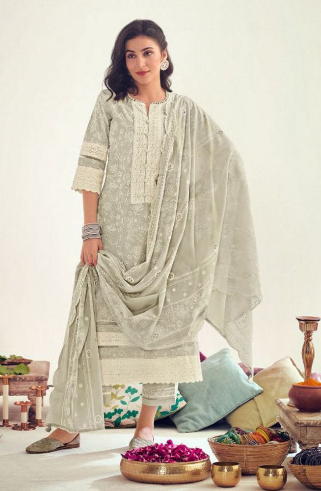 Party Wear Unstitched Salwar Suit Material (Cream & Green)