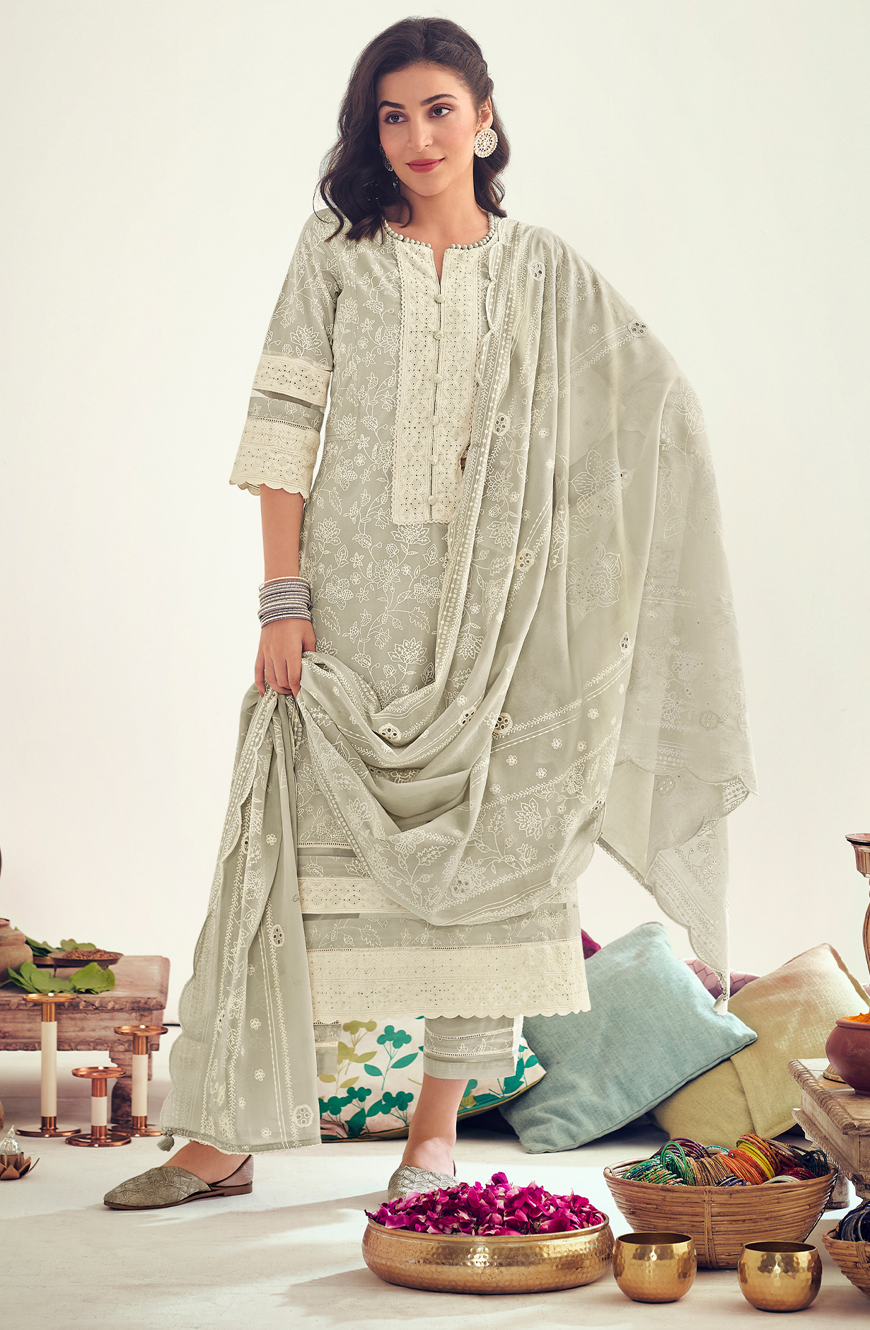 Pastel Green Unstitched Block Printed Salwar Suit with Lace Work - LAM8844