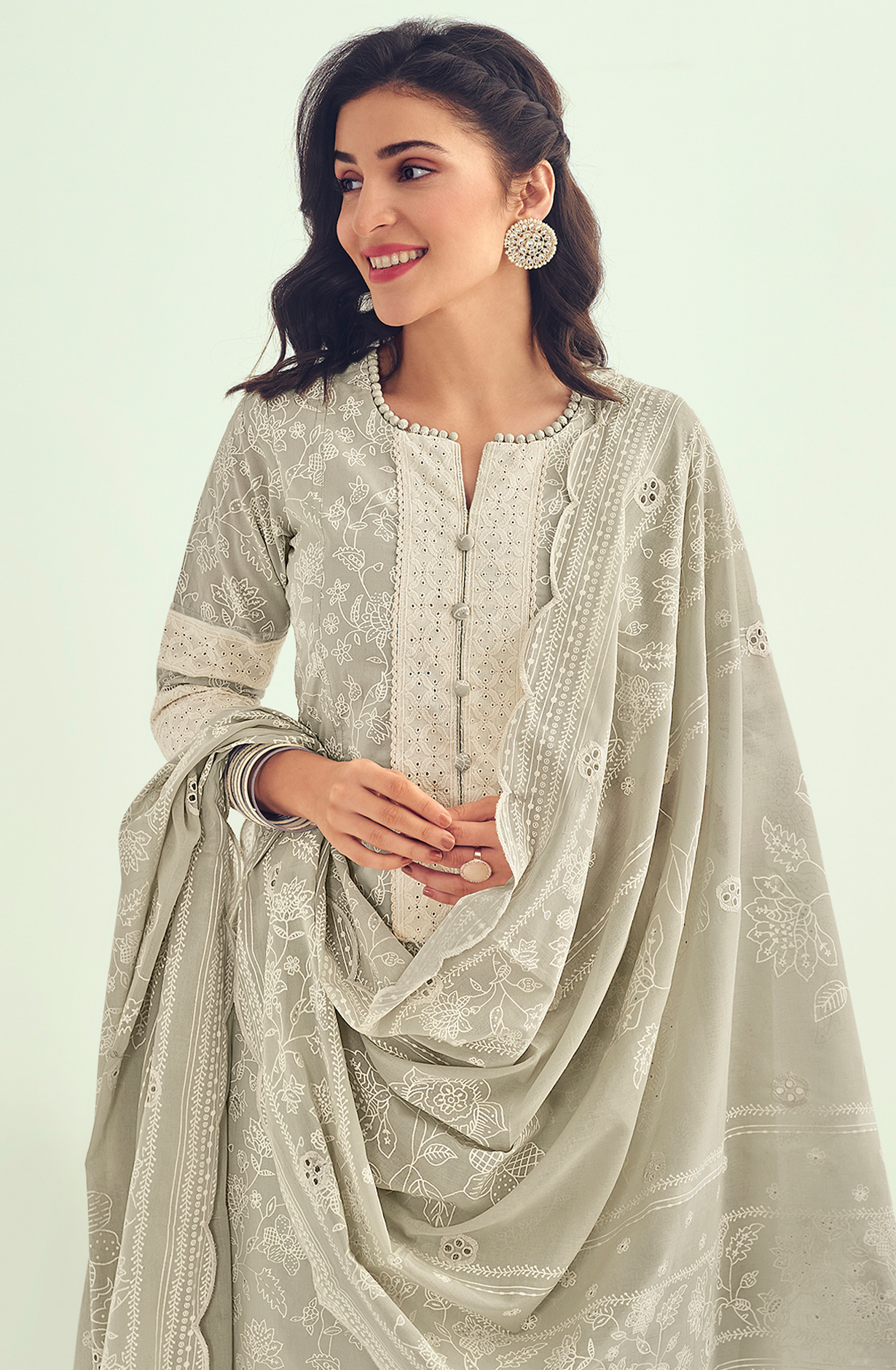 Pastel Green Unstitched Block Printed Salwar Suit with Lace Work - LAM8844