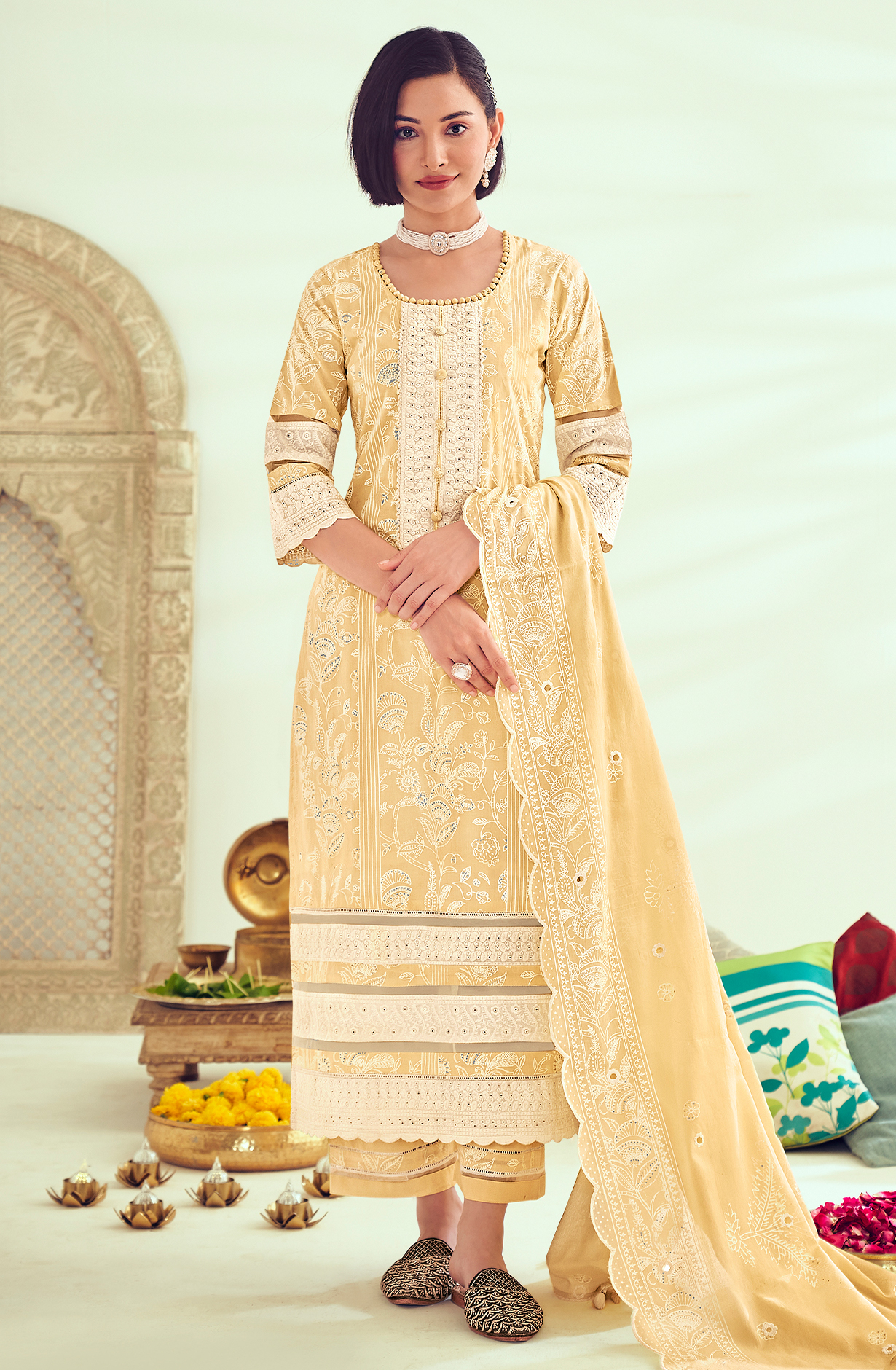 Lemon Yellow Unstitched Block Printed Salwar Suit with Lace Work - LAM8845