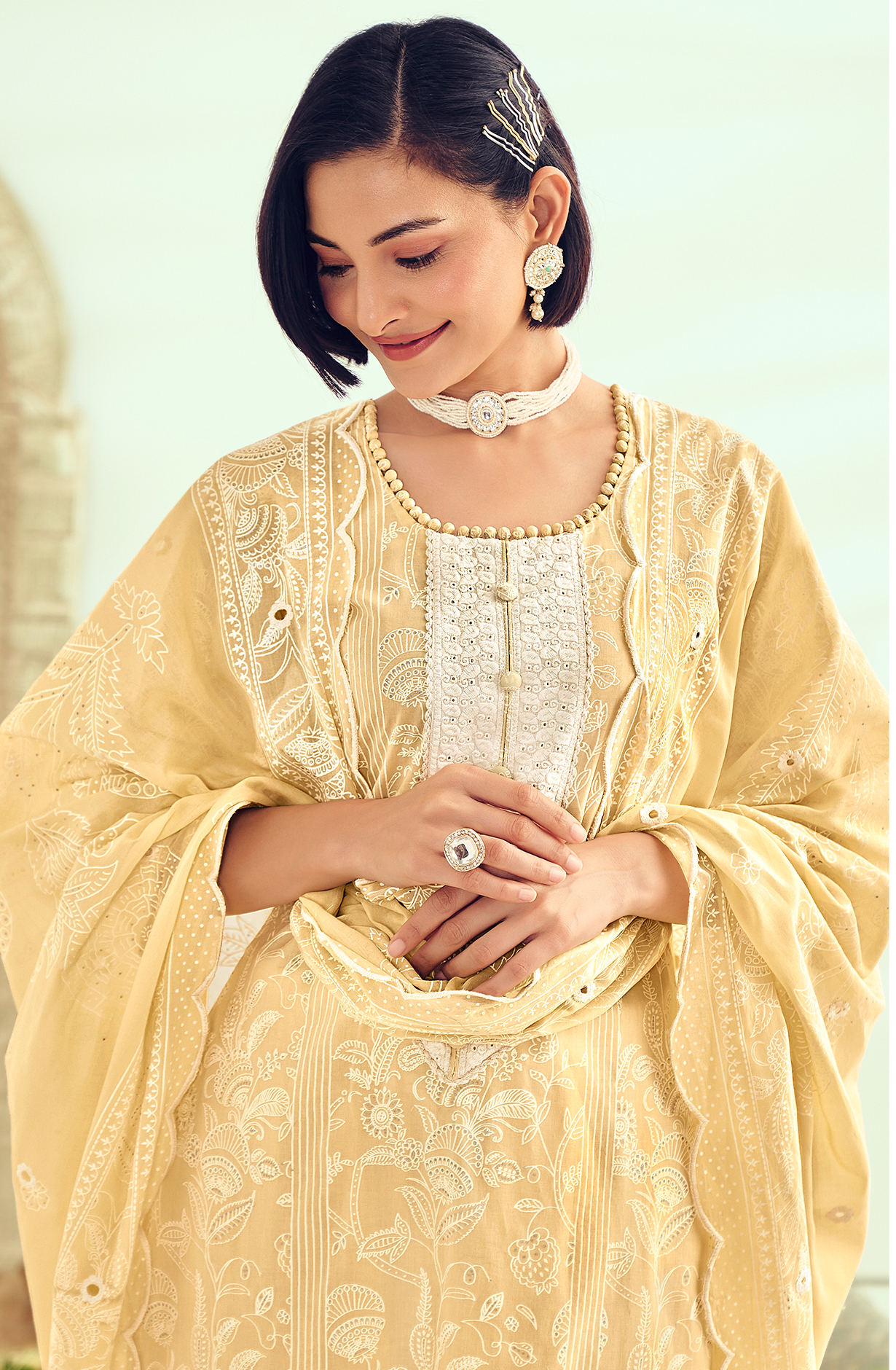 Lemon Yellow Unstitched Block Printed Salwar Suit with Lace Work - LAM8845