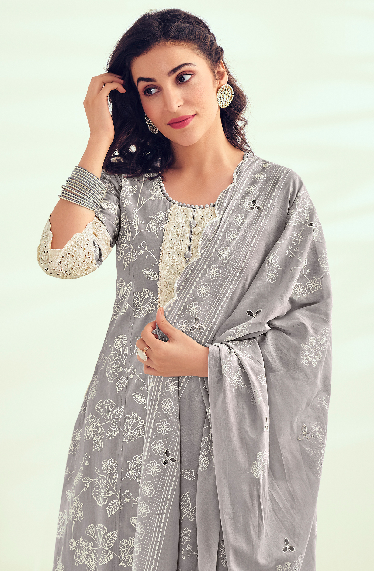 Grey Unstitched Block Printed Salwar Suit with Lace Work - LAM8846
