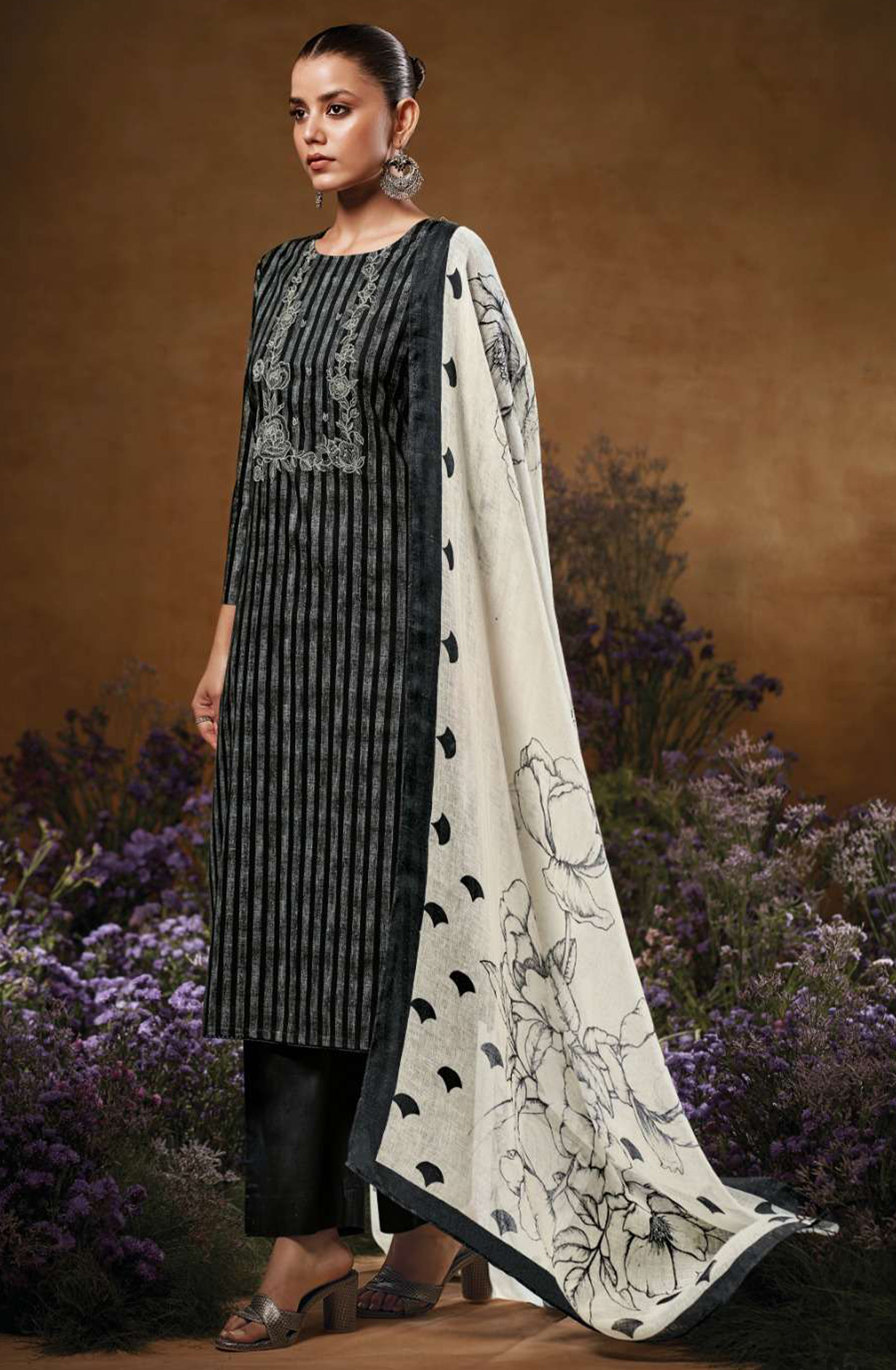 Black Printed Cotton Suit Set with Dupatta - LAS3554A
