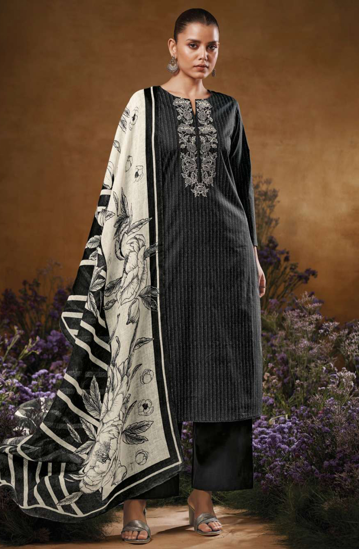 Black Printed Cotton Suit Set with Dupatta - LAS3554B