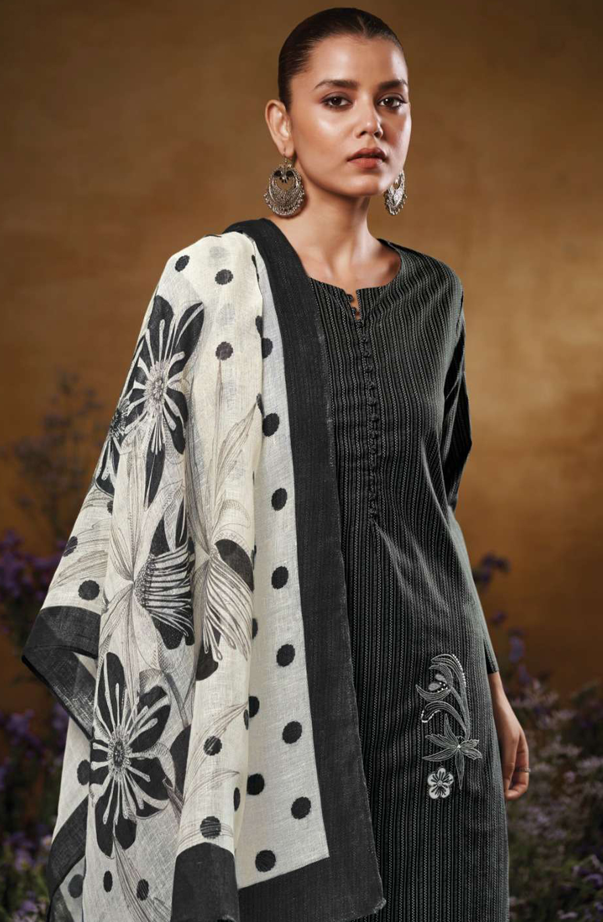 Black Printed Cotton Suit Set with Dupatta - LAS3554C
