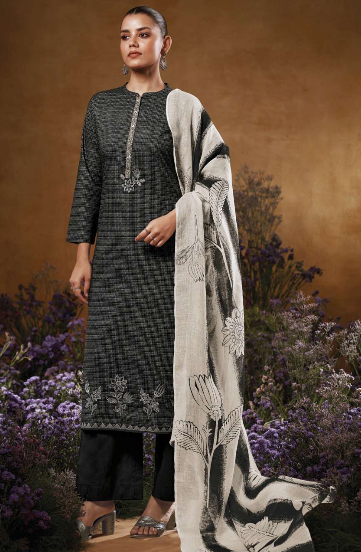 Black Printed Cotton Suit Set with Dupatta - LAS3554D