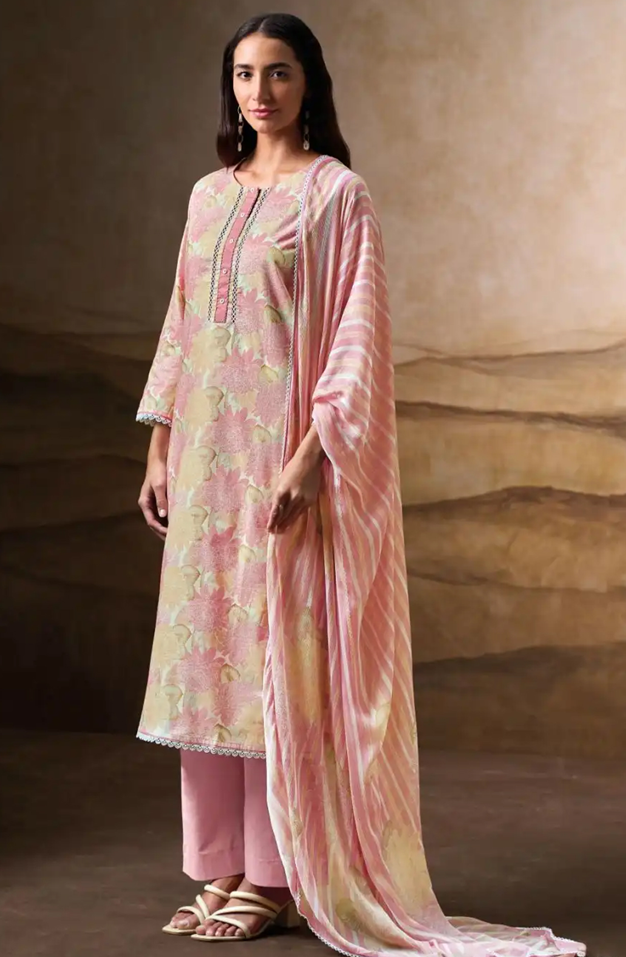 Pink Printed Cotton Suit Set with Dupatta - LAU3664A