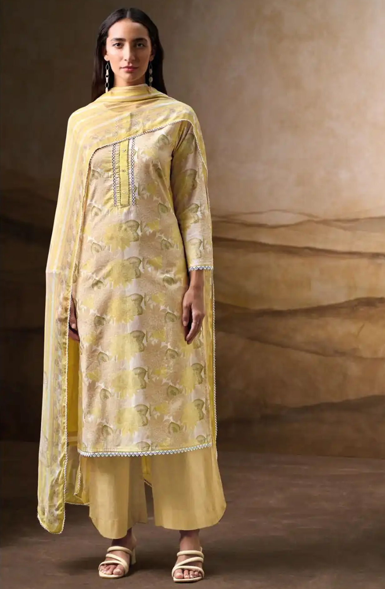 Mustard Printed Cotton Suit Set with Dupatta - LAU3664B
