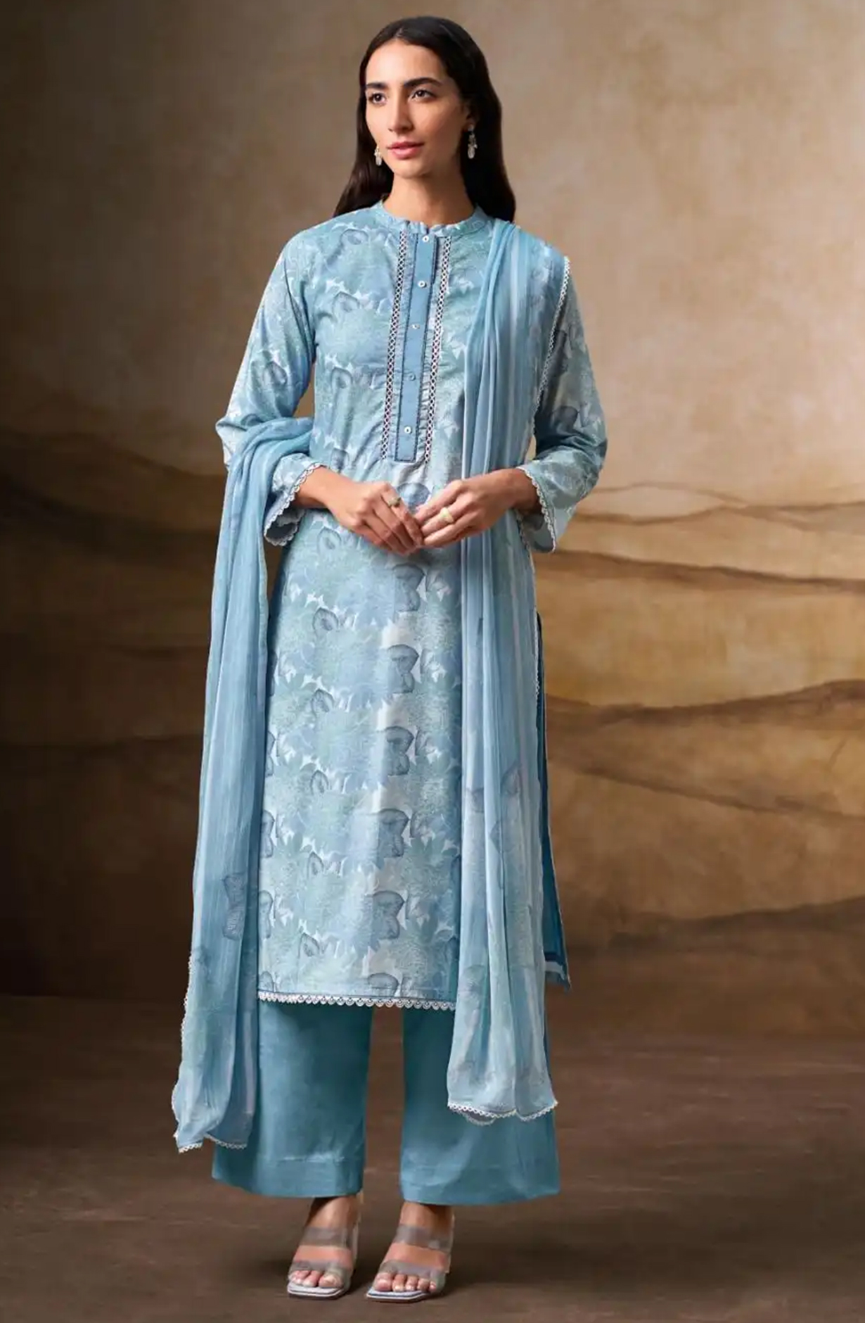 Blue Printed Cotton Suit Set with Dupatta - LAU3664C