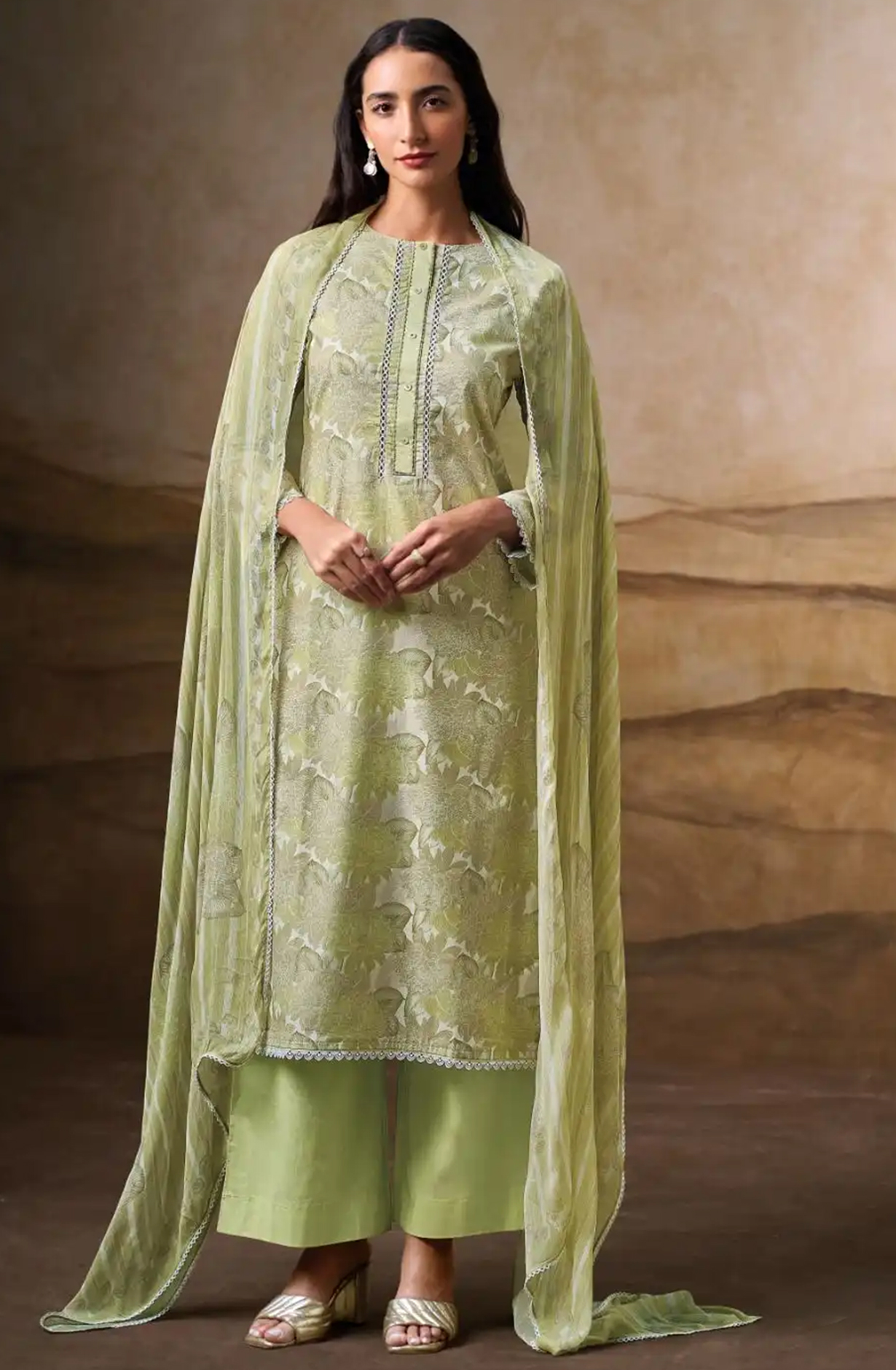 Green Printed Cotton Suit Set with Dupatta - LAU3664D