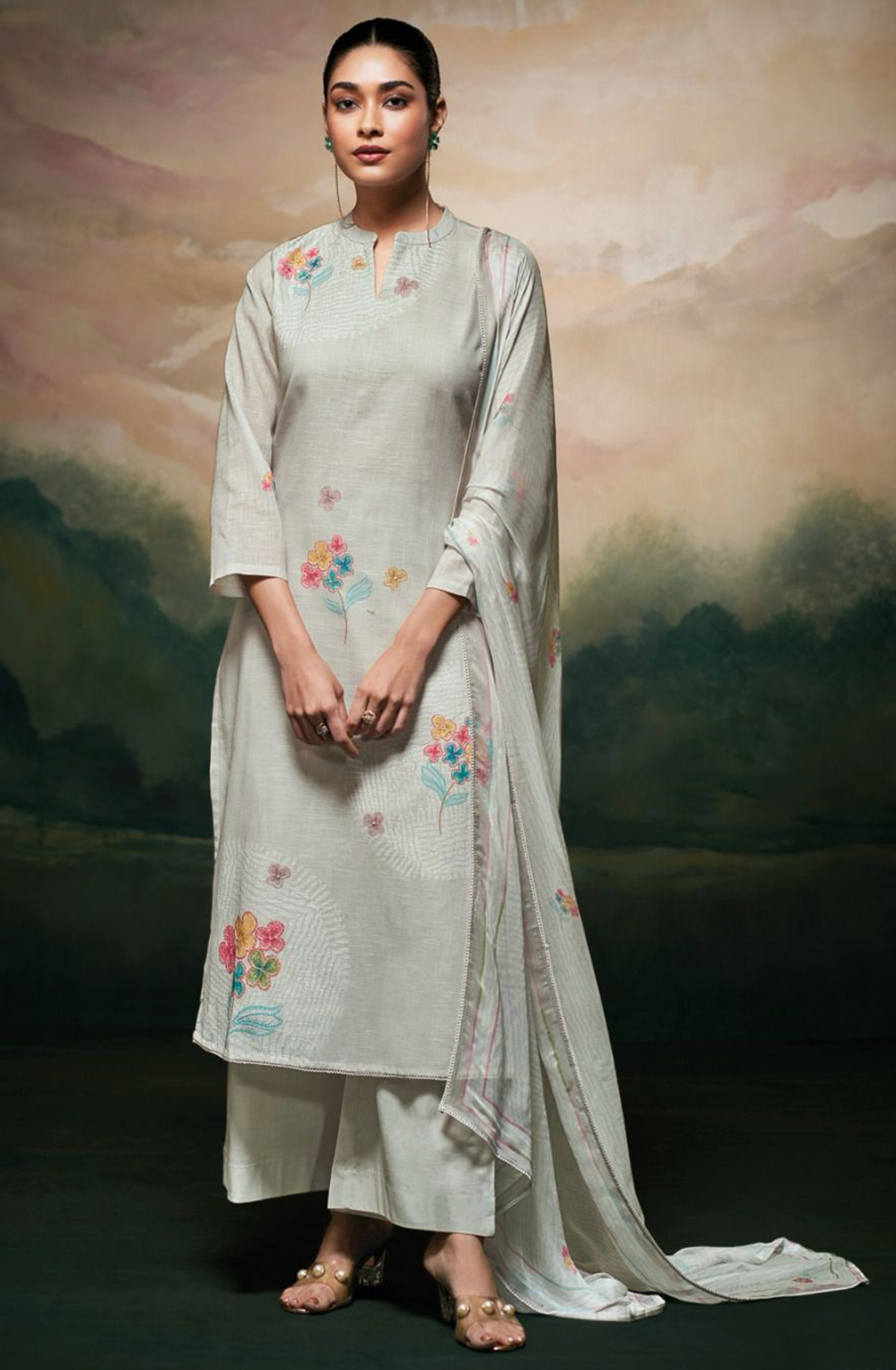 Grey Printed Linen Beautiful Suit Set with Dupatta - LAYS3514B