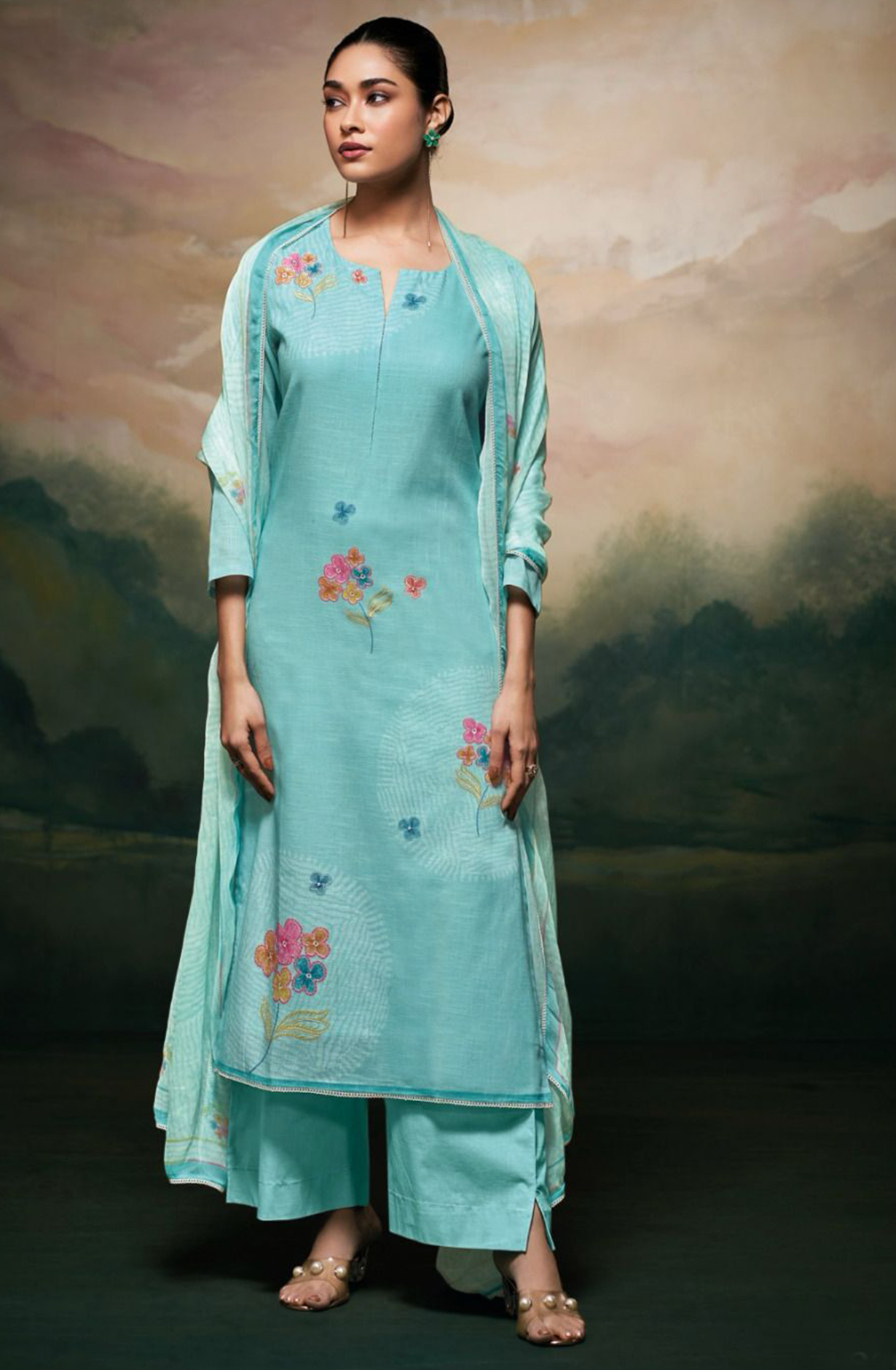 Firozi Printed Linen Beautiful Suit Set with Dupatta - LAYS3514C