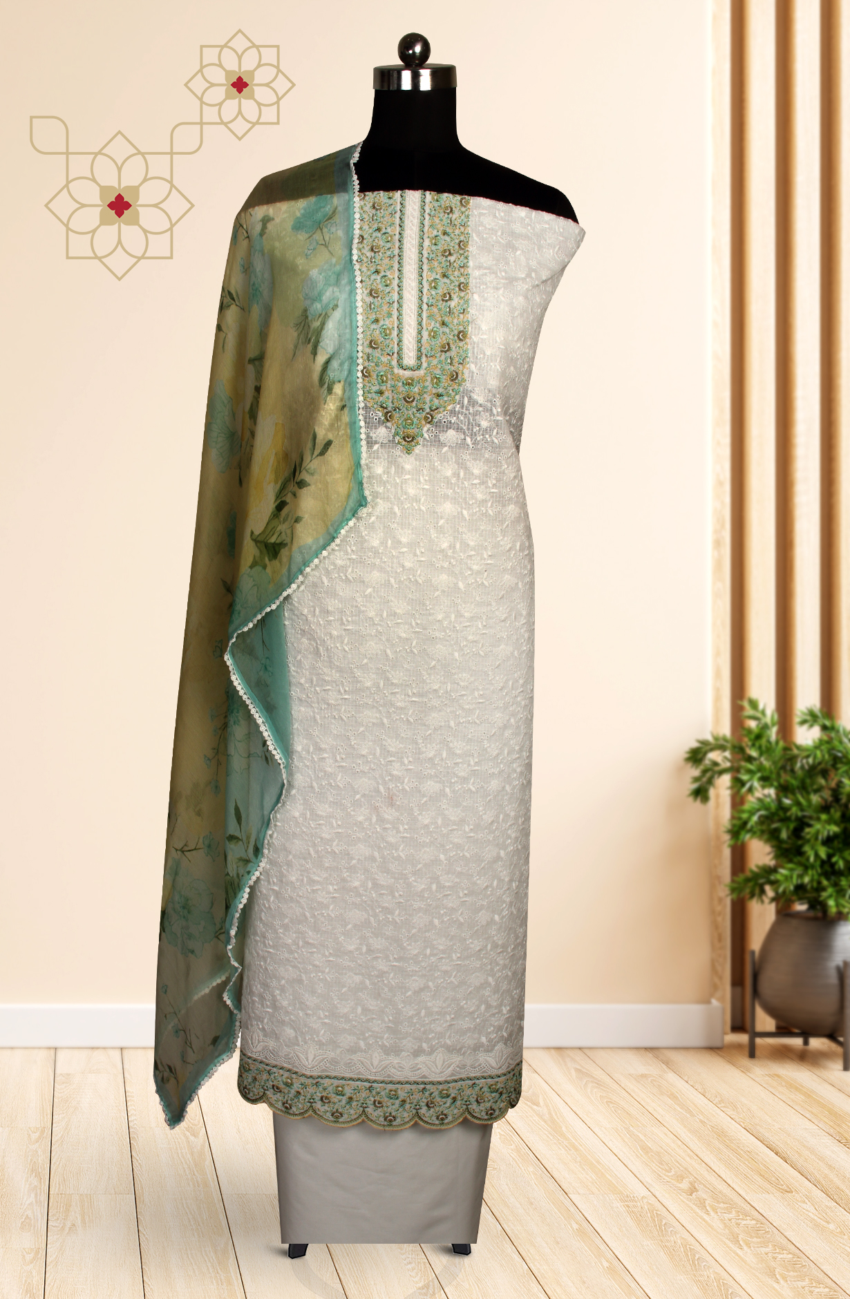 White Kota Beautiful Chikankari Embroidered Suit with Chiffon Dupatta - LEK1743