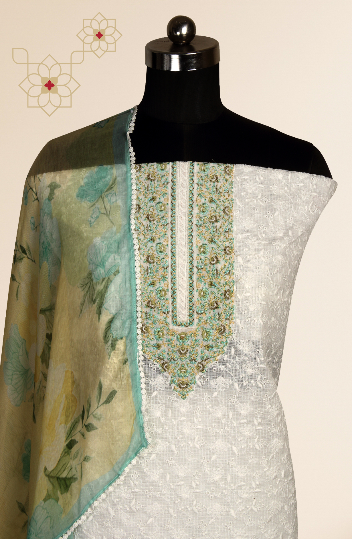 White Kota Beautiful Chikankari Embroidered Suit with Chiffon Dupatta - LEK1743