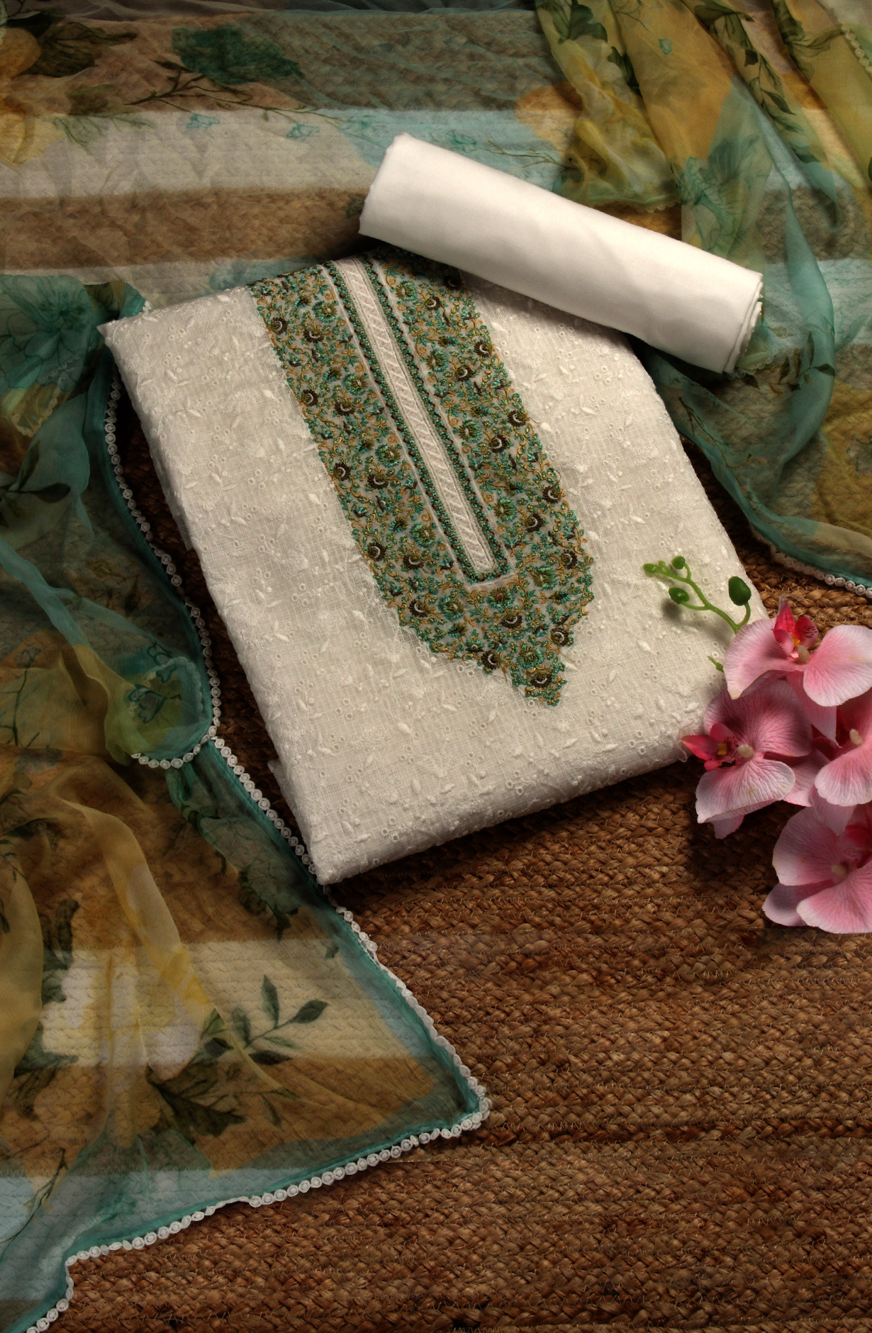 White Kota Beautiful Chikankari Embroidered Suit with Chiffon Dupatta - LEK1743