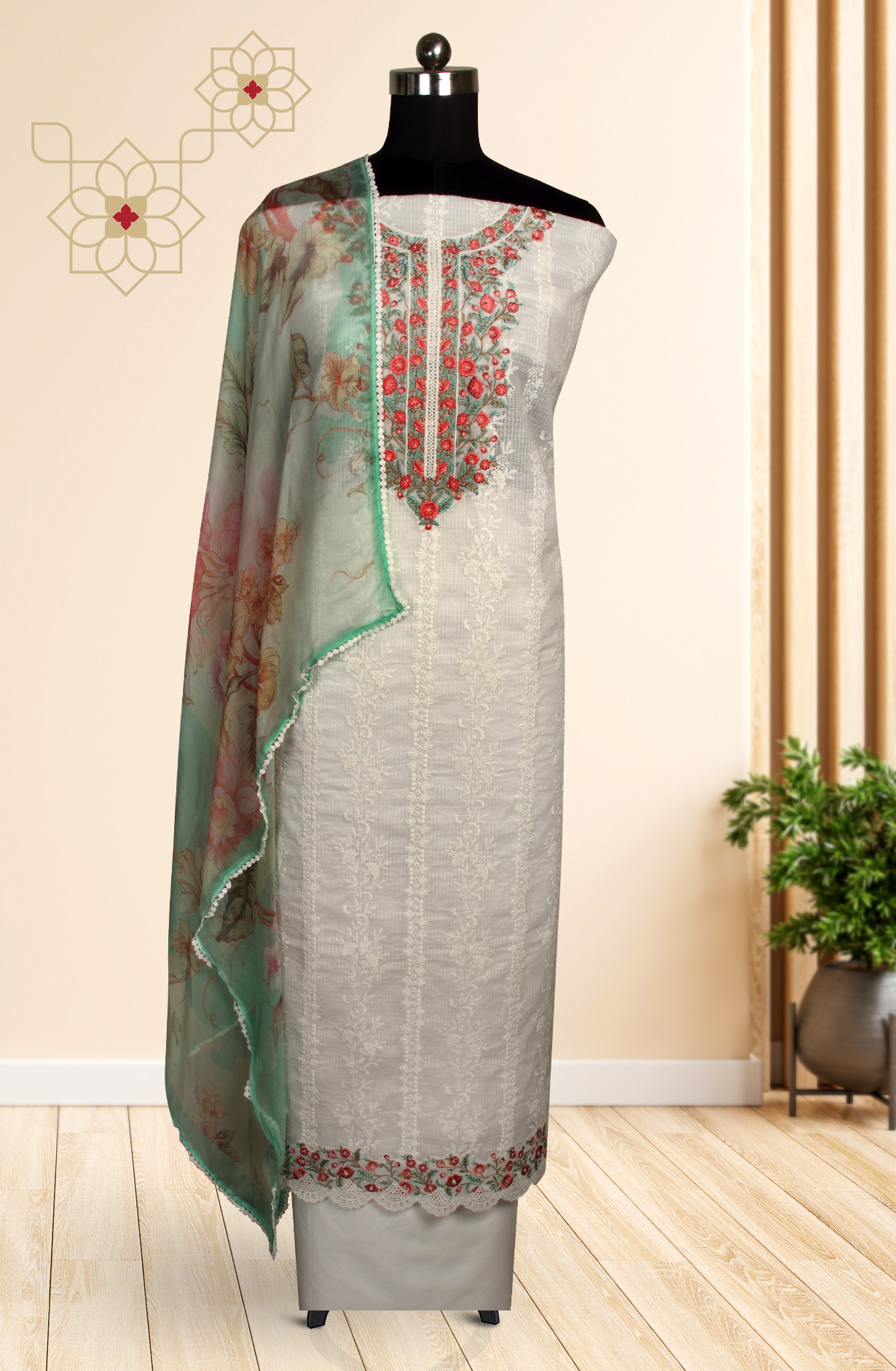 White Kota Beautiful Chikankari Embroidered Suit with Chiffon Dupatta - LEK1744