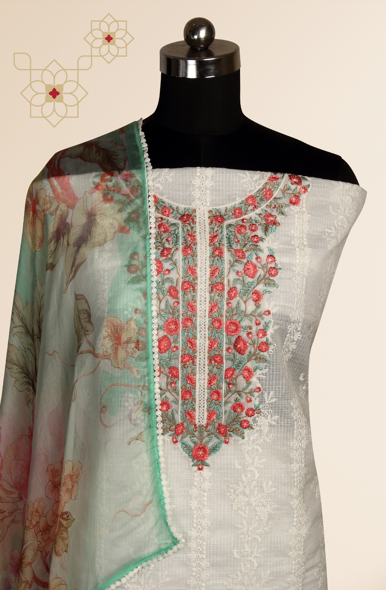 White Kota Beautiful Chikankari Embroidered Suit with Chiffon Dupatta - LEK1744