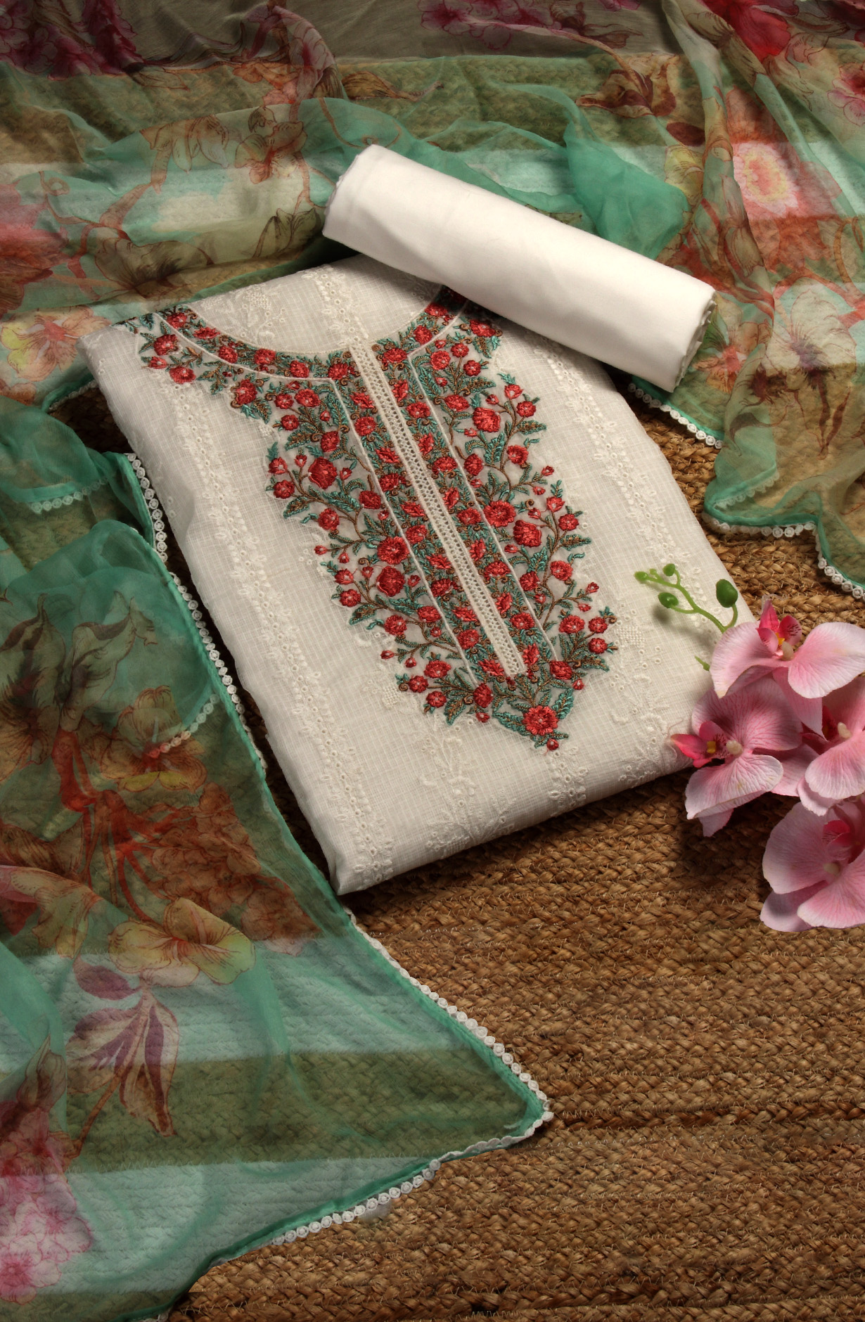 White Kota Beautiful Chikankari Embroidered Suit with Chiffon Dupatta - LEK1744