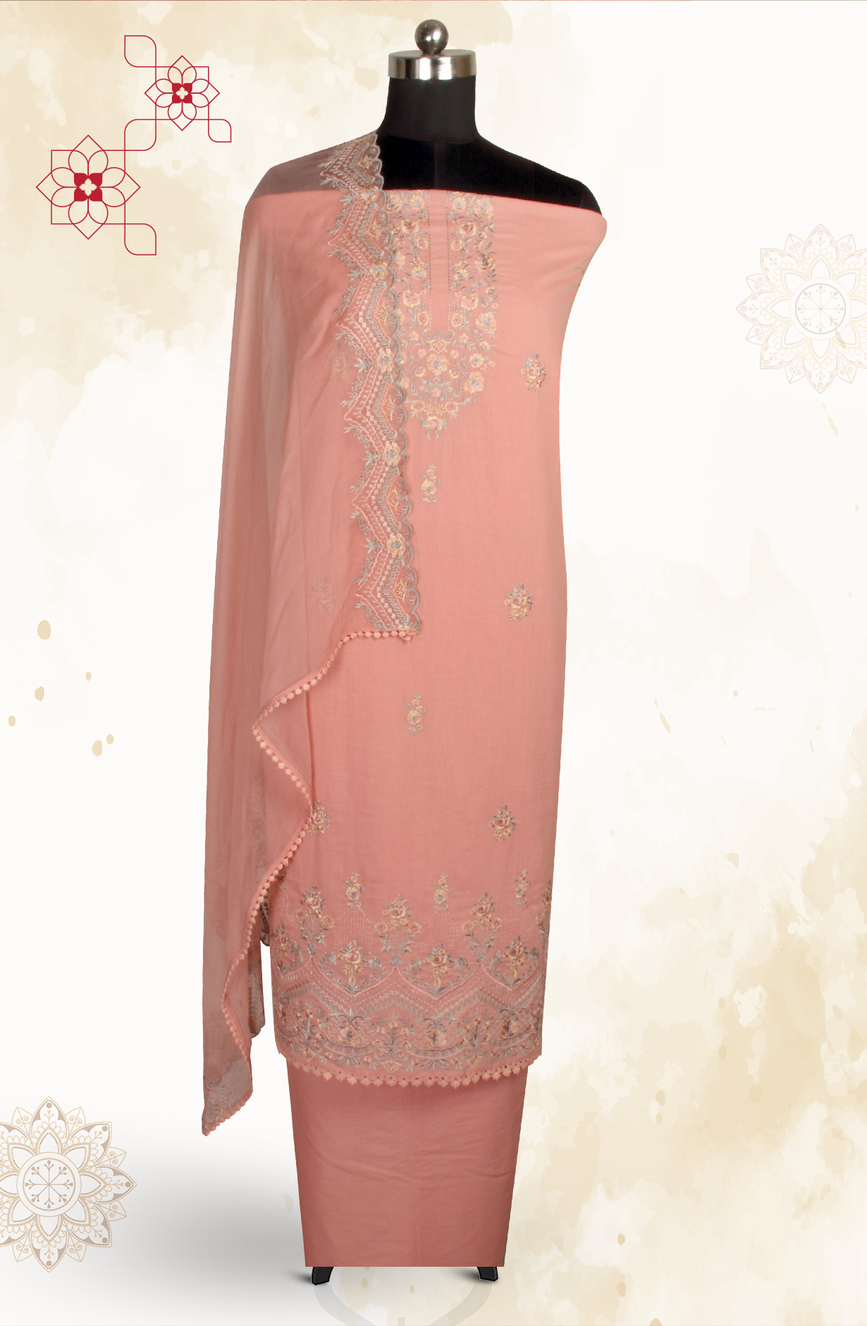 Pink Cotton Embroidered Salwar Kameez with Chiffon Dupatta - LIP989A