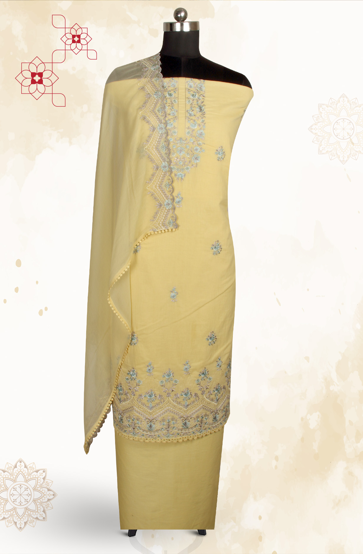 Yellow Cotton Embroidered Salwar Kameez with Chiffon Dupatta - LIP989B