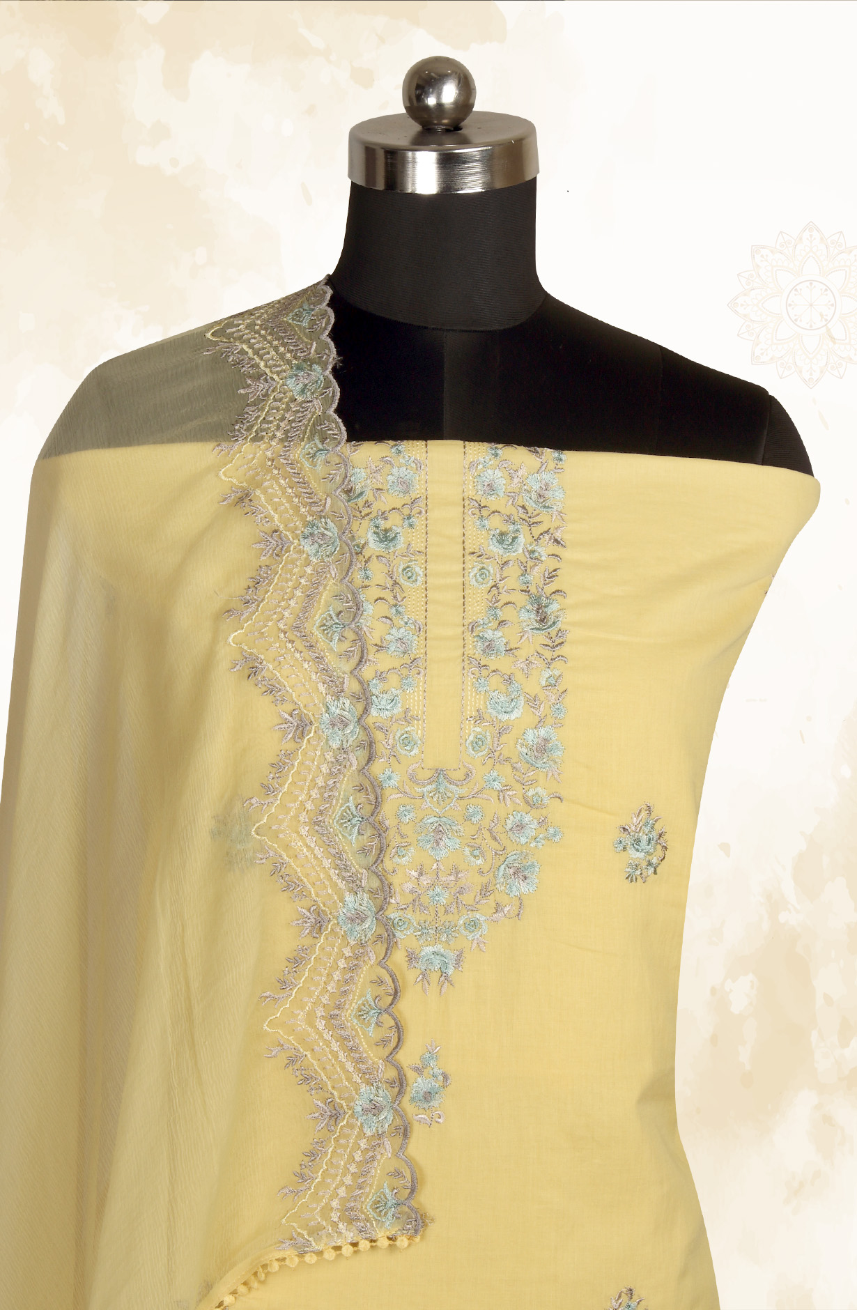 Yellow Cotton Embroidered Salwar Kameez with Chiffon Dupatta - LIP989B