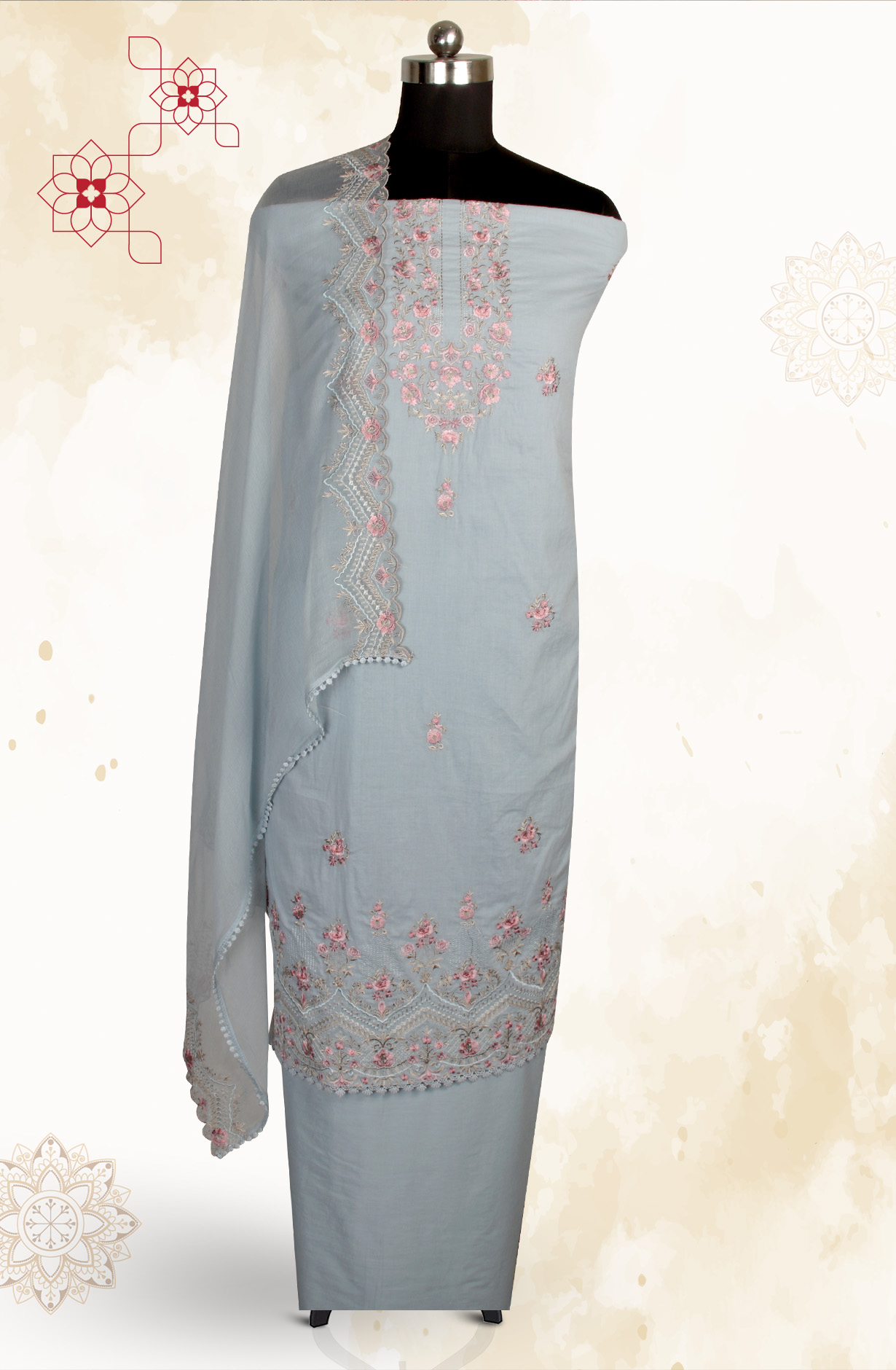 Grey Cotton Embroidered Salwar Kameez with Chiffon Dupatta - LIP989C