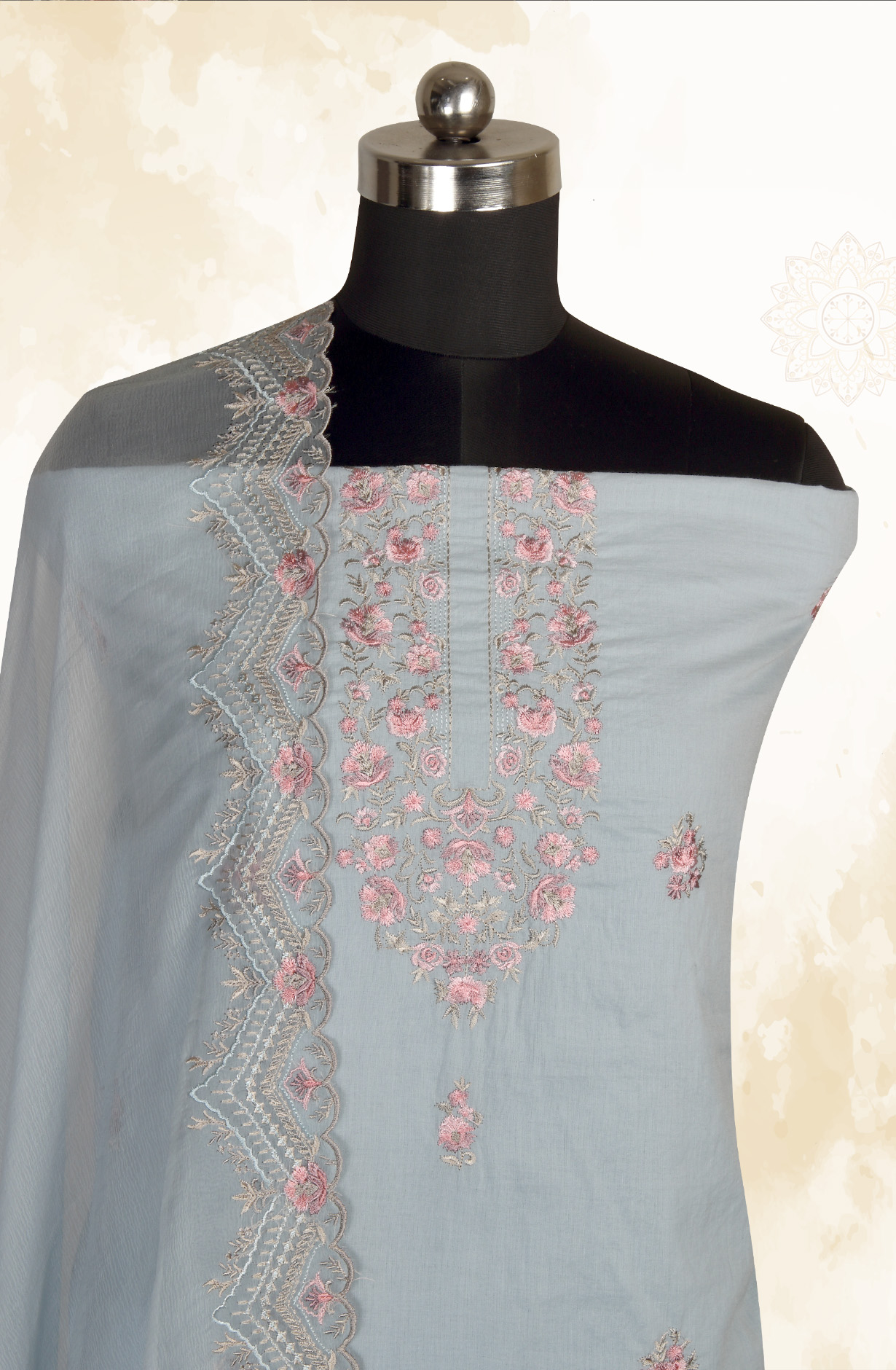 Grey Cotton Embroidered Salwar Kameez with Chiffon Dupatta - LIP989C