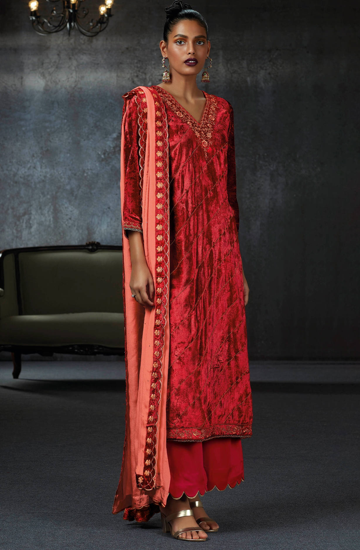 Red Pure Velvet Designer Unstitched Salwar Suit - LUNC1193