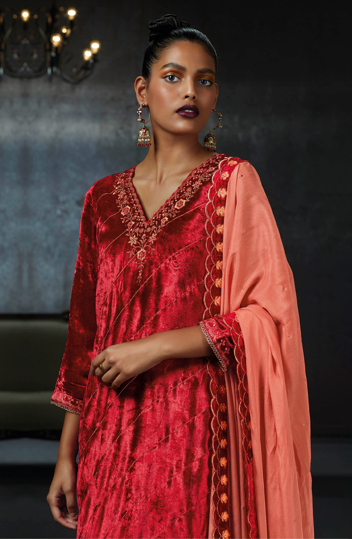 Red Pure Velvet Designer Unstitched Salwar Suit - LUNC1193