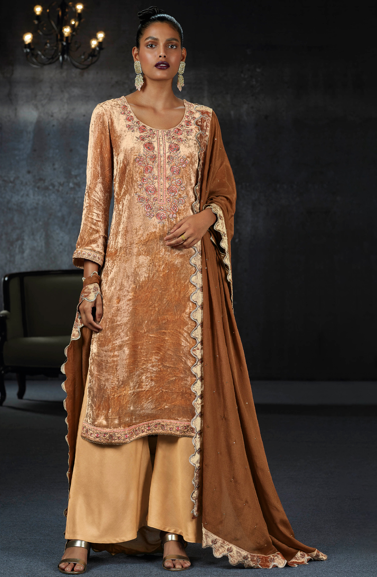 Beige Pure Velvet Designer Unstitched Salwar Suit - LUNC1194