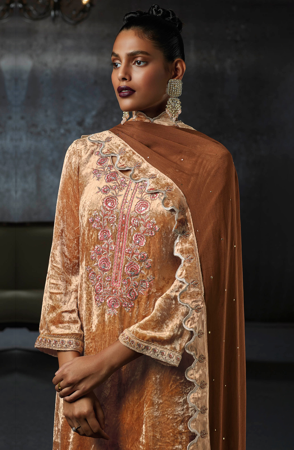 Beige Pure Velvet Designer Unstitched Salwar Suit - LUNC1194