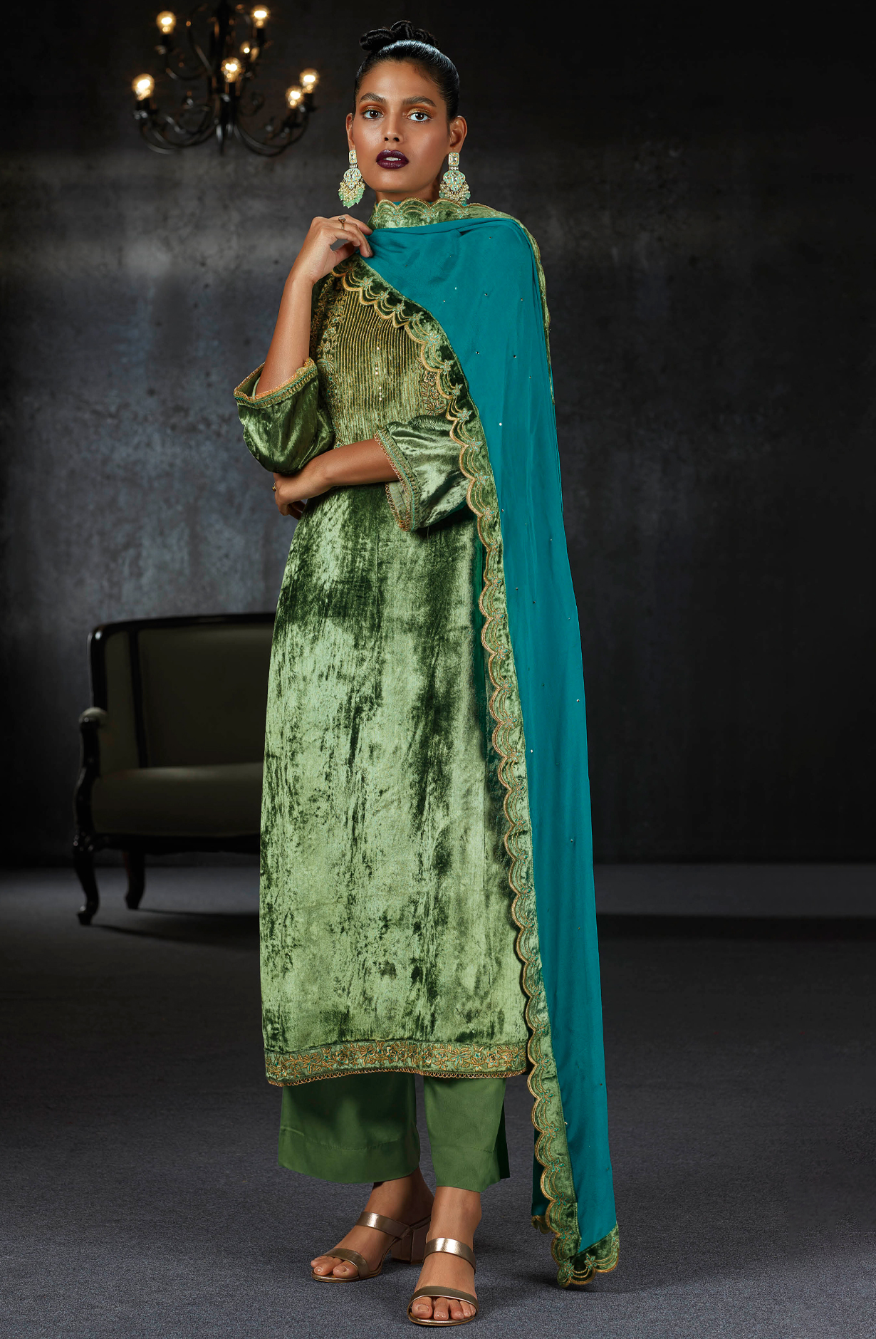 Green Pure Velvet Designer Unstitched Salwar Suit - LUNC1195