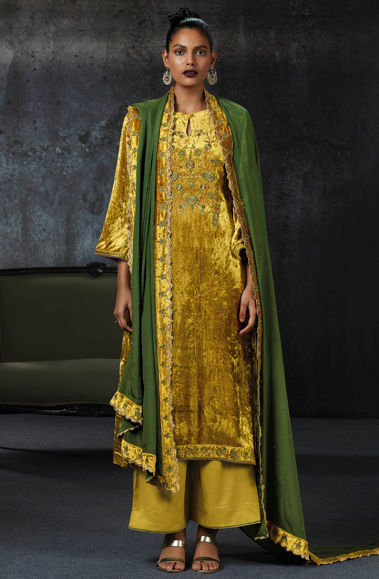 Mustard Yellow Pure Velvet Designer Unstitched Salwar Suit - LUNC1196