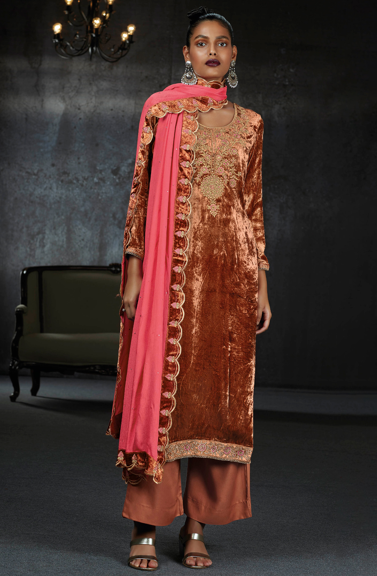 Rust Pure Velvet Designer Unstitched Salwar Suit - LUNC1197