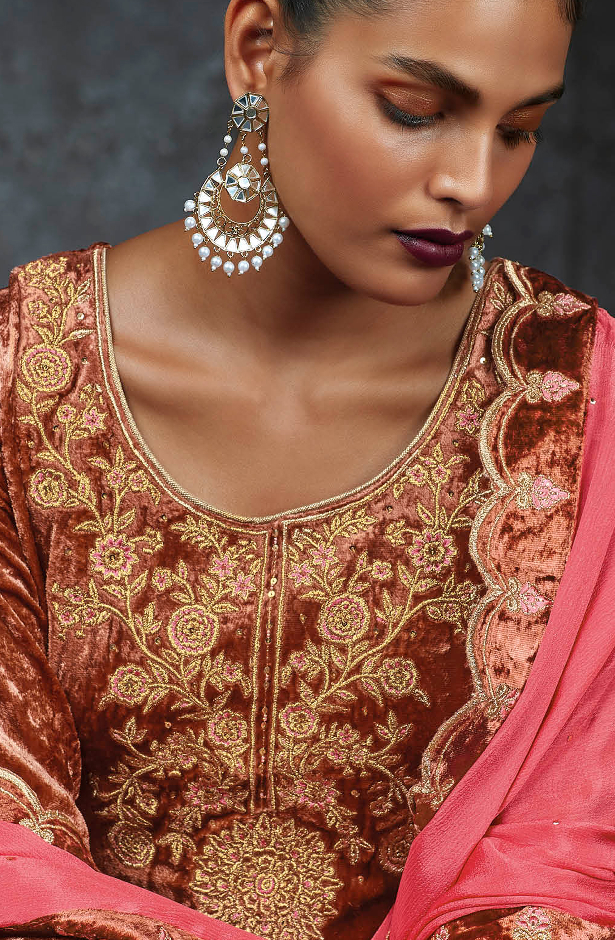 Rust Pure Velvet Designer Unstitched Salwar Suit - LUNC1197